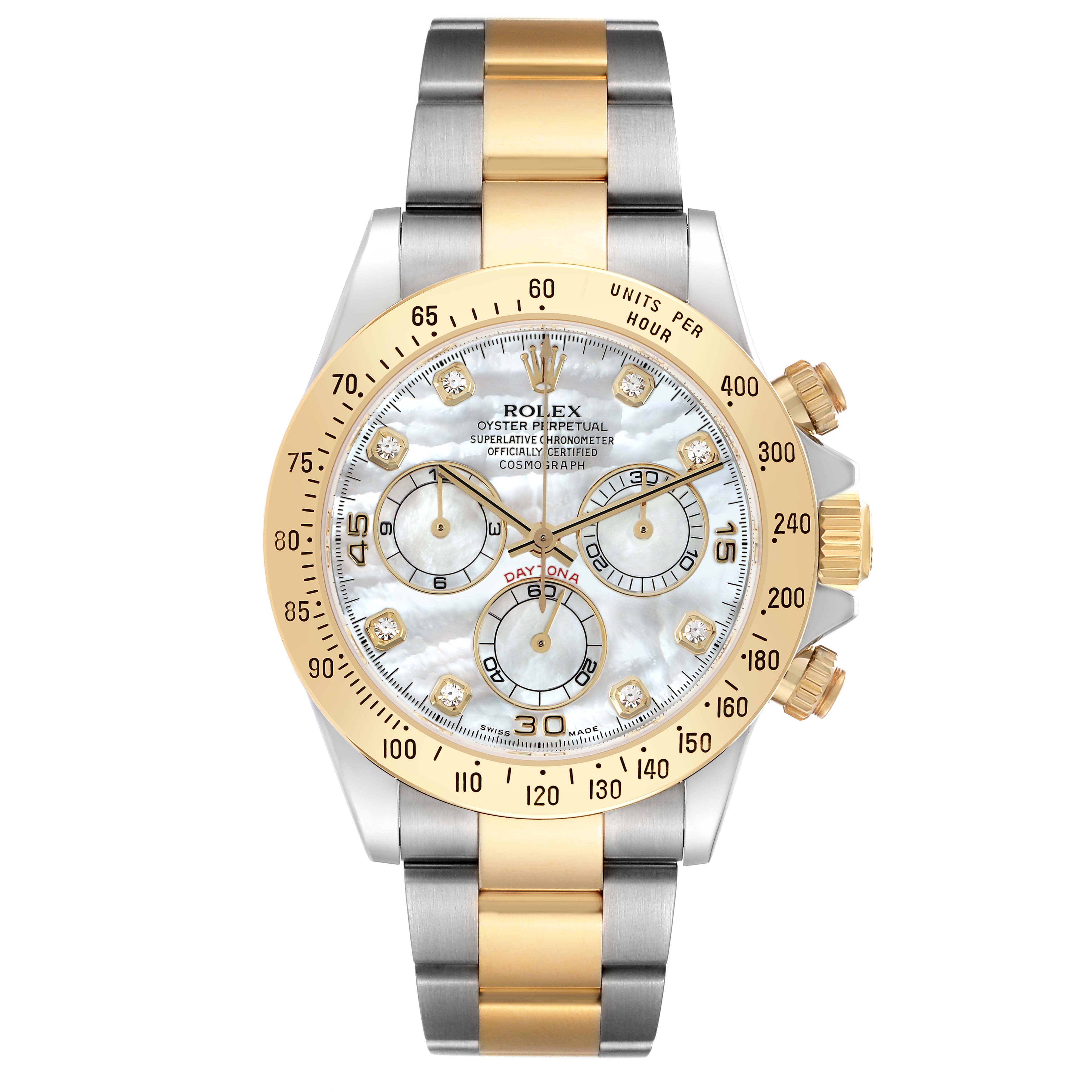 The Rolex Daytona 116523 Men
s Steel and Gold (two tone) Mother of Pearl Dial watch is shown from a front angle, displaying its dial, bezel, crown, and bracelet.