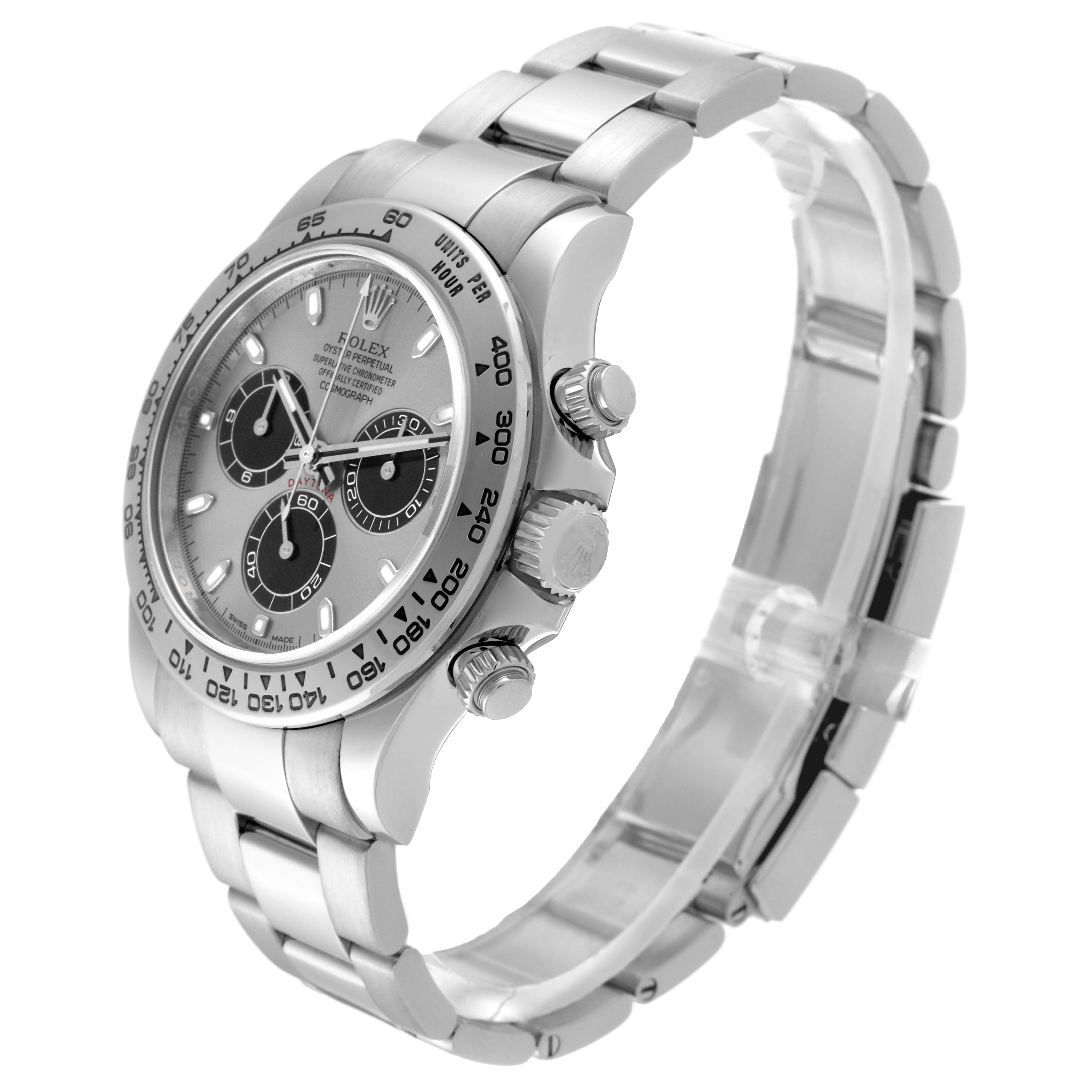 The Rolex Daytona 116509 Men's White Gold Silver Dial 116509 Men's White Gold Silver Dial watch is shown at a three-quarter angle, displaying the dial, bezel, crown, and bracelet.