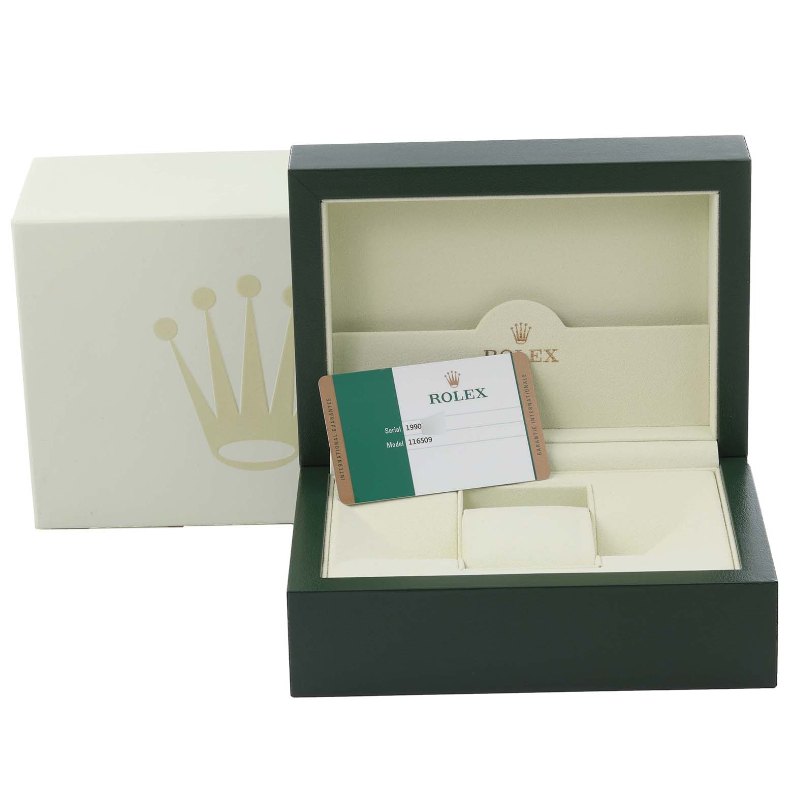 The image shows a Rolex Daytona 116509 Men's White Gold Silver Dial 116509 Men's White Gold Silver Dial watch box and card at an angle, with no watch inside.