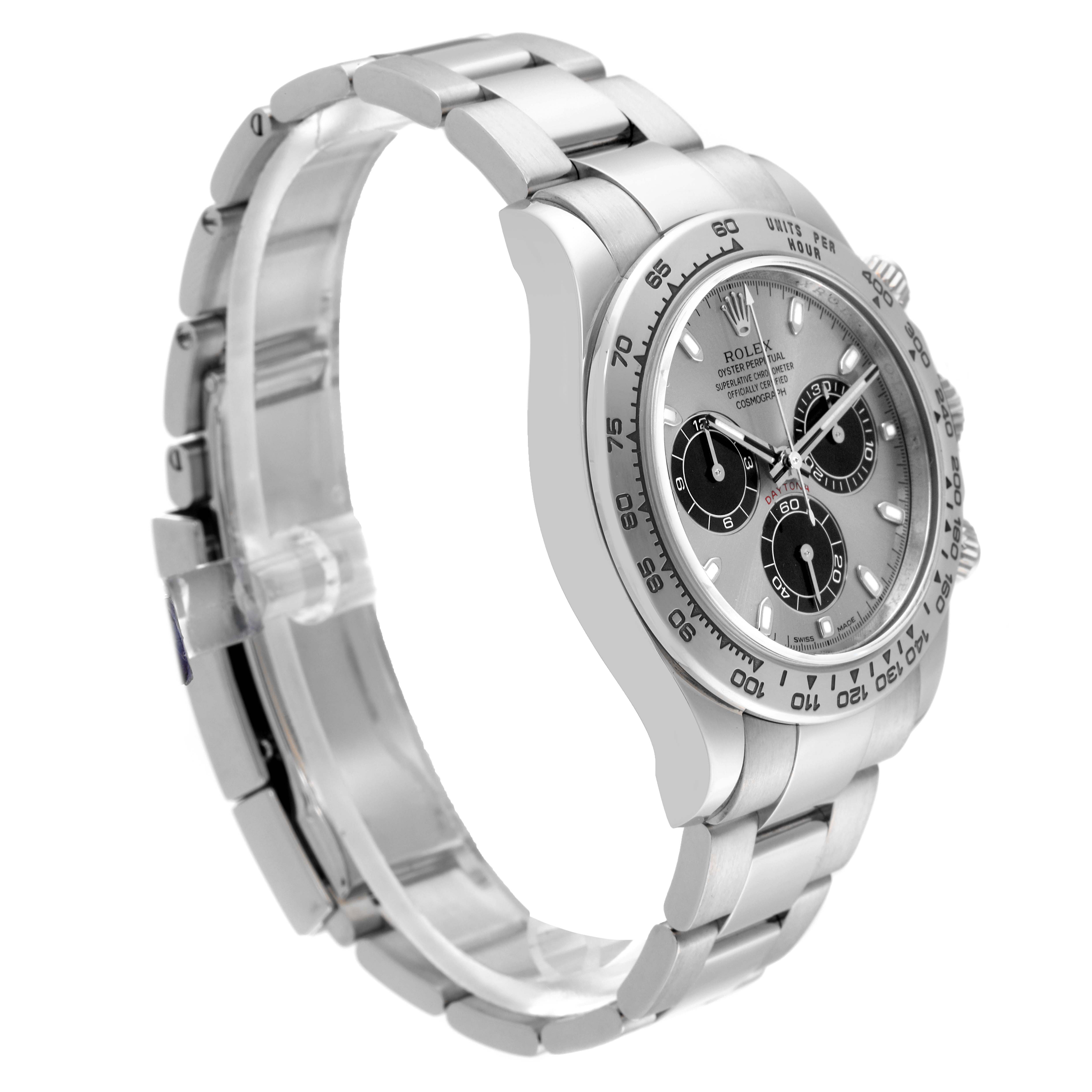 The Rolex Daytona 116509 Men's White Gold Silver Dial 116509 Men's White Gold Silver Dial watch is shown at a side angle, displaying the bracelet, bezel, and face with dials.