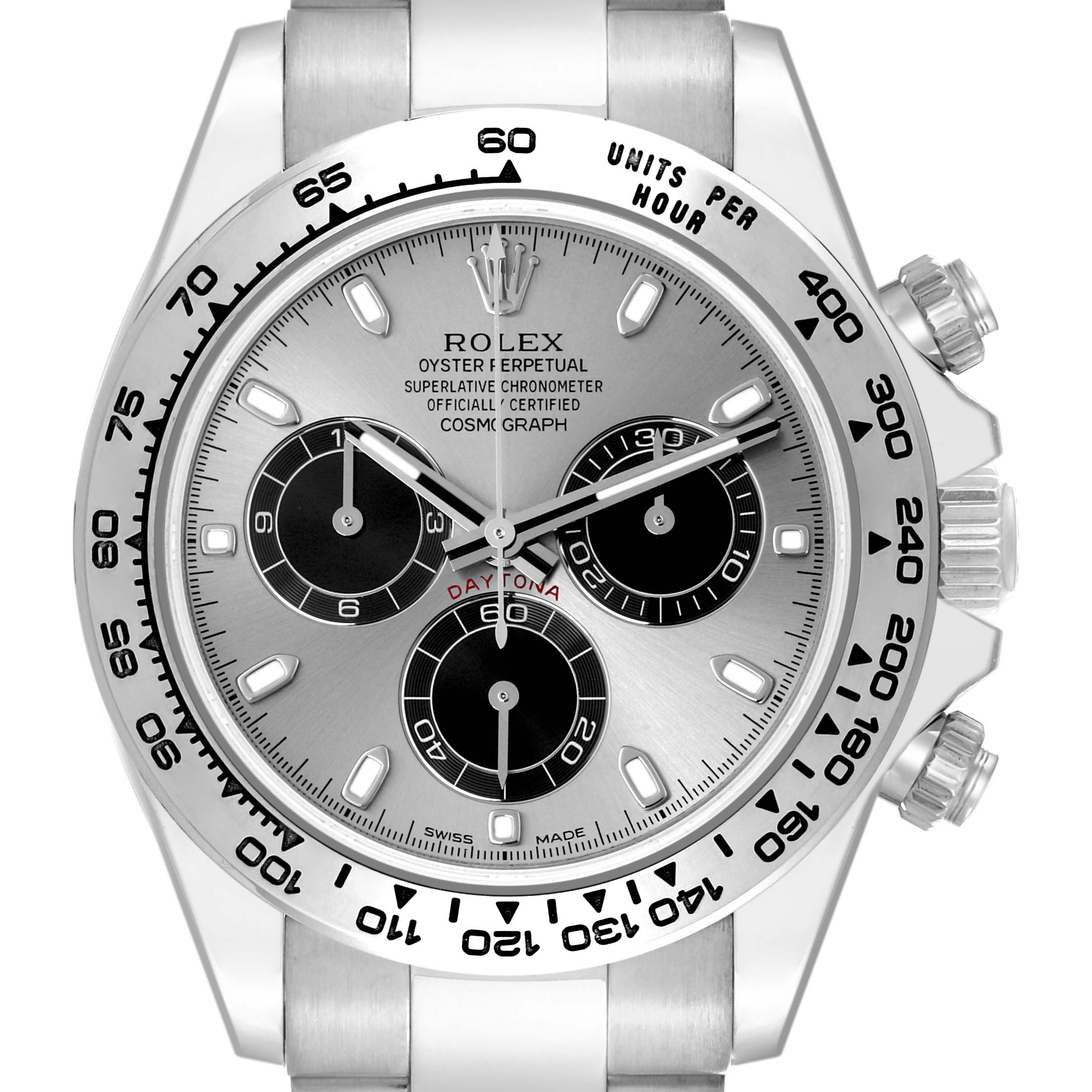 The Rolex Daytona 116509 Men's White Gold Silver Dial 116509 Men's White Gold Silver Dial watch is shown from the front, highlighting the dial, bezel, pushers, and crown.