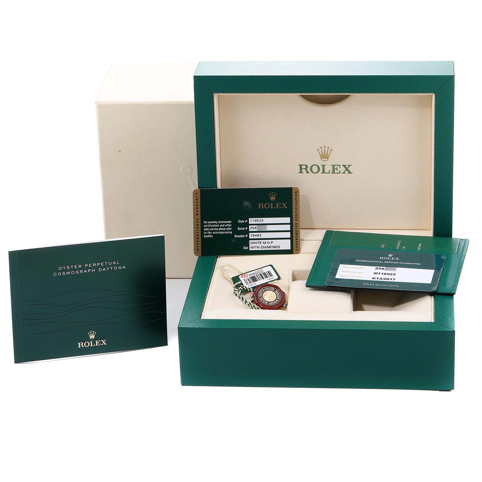 The image shows a Rolex Daytona 116523 Men's Steel and Gold (two tone) Mother of Pearl Dial 116523 Men's Steel and Gold (two tone) Mother of Pearl Dial watch box with accessories including manuals, tags, and authentication cards.