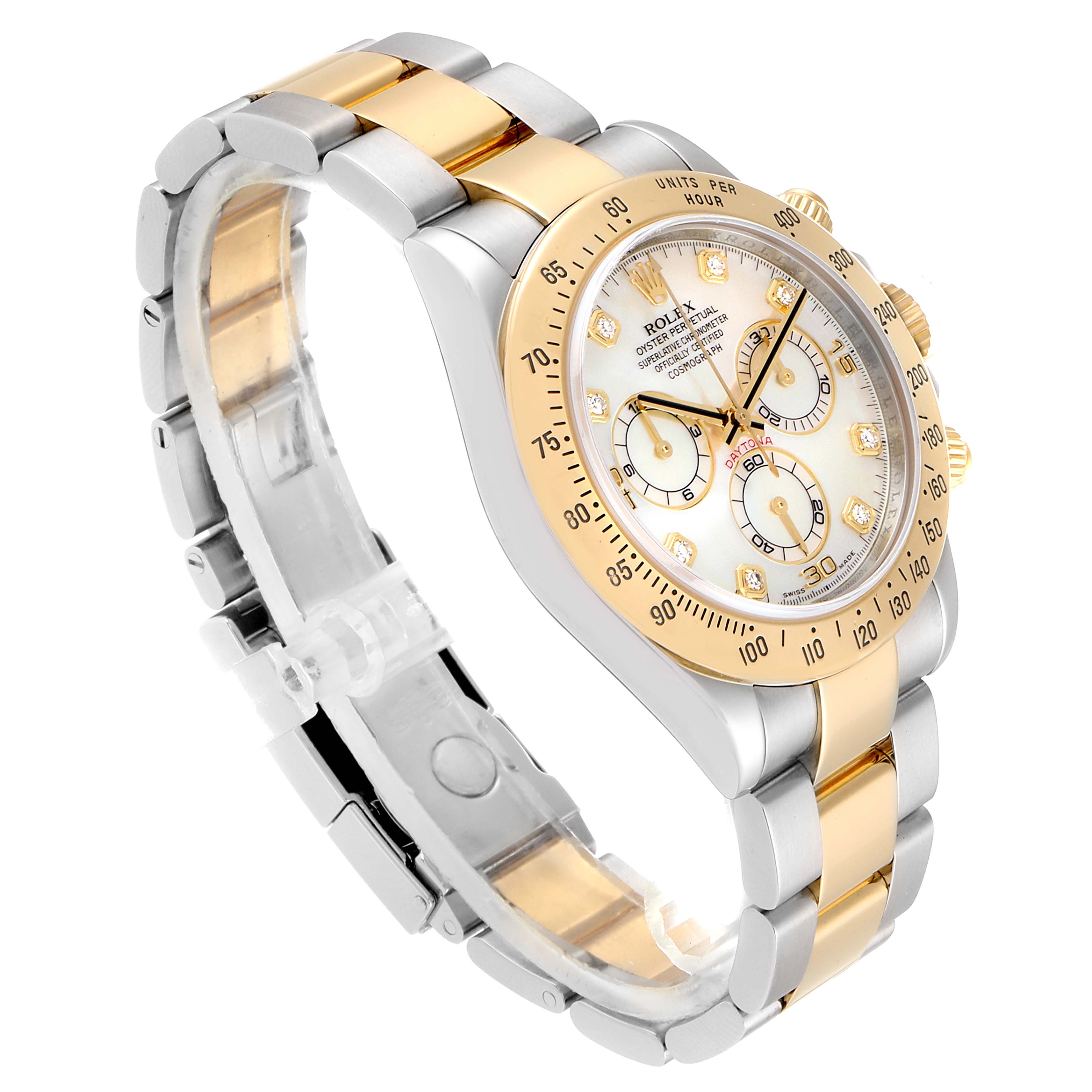 This image shows a side view of the Rolex Daytona 116523 Men's Steel and Gold (two tone) Mother of Pearl Dial 116523 Men's Steel and Gold (two tone) Mother of Pearl Dial watch, highlighting the bracelet, bezel, and dial.