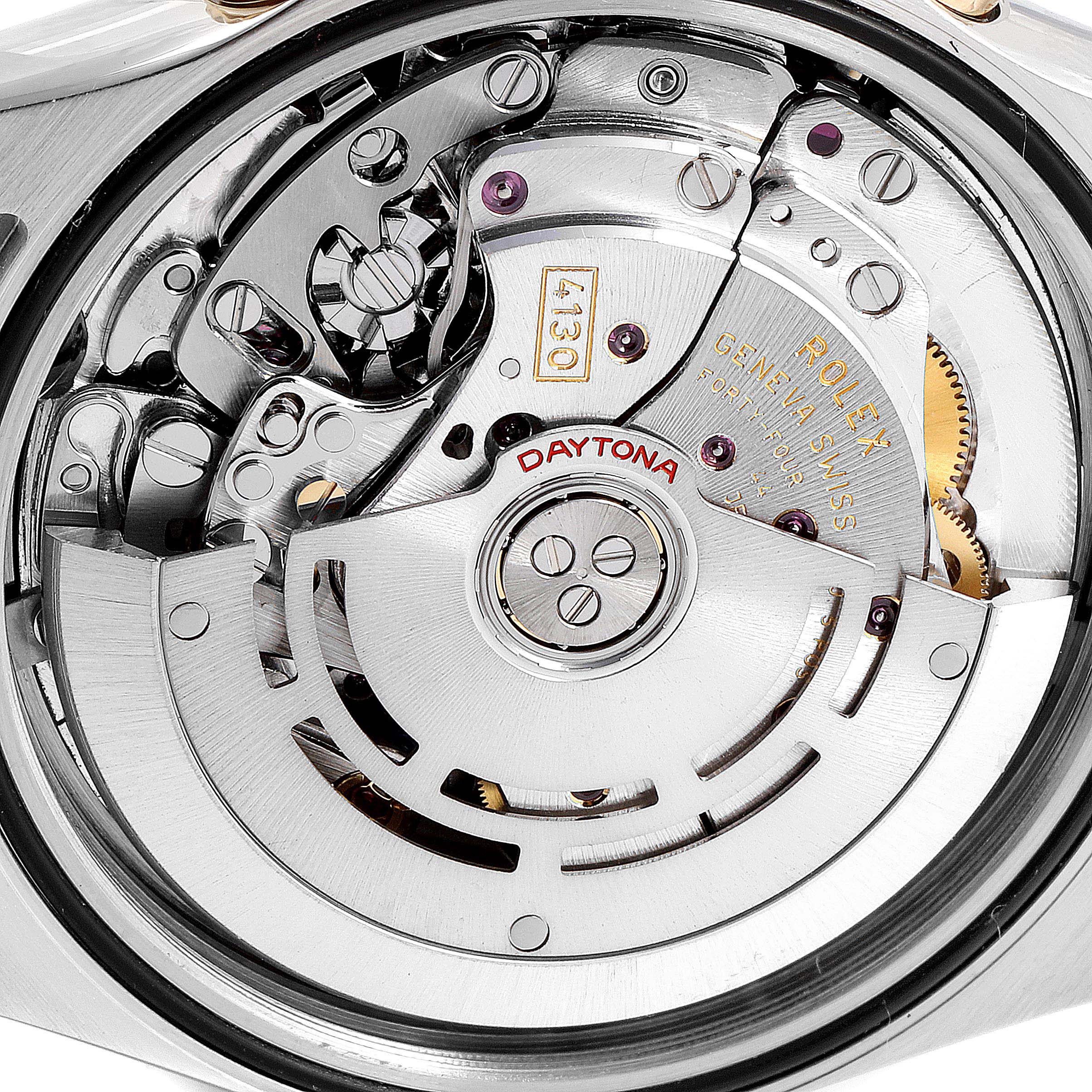 The image shows the internal mechanical components and movement of a Rolex Daytona 116523 Men's Steel and Gold (two tone) Mother of Pearl Dial 116523 Men's Steel and Gold (two tone) Mother of Pearl Dial watch viewed from the back.