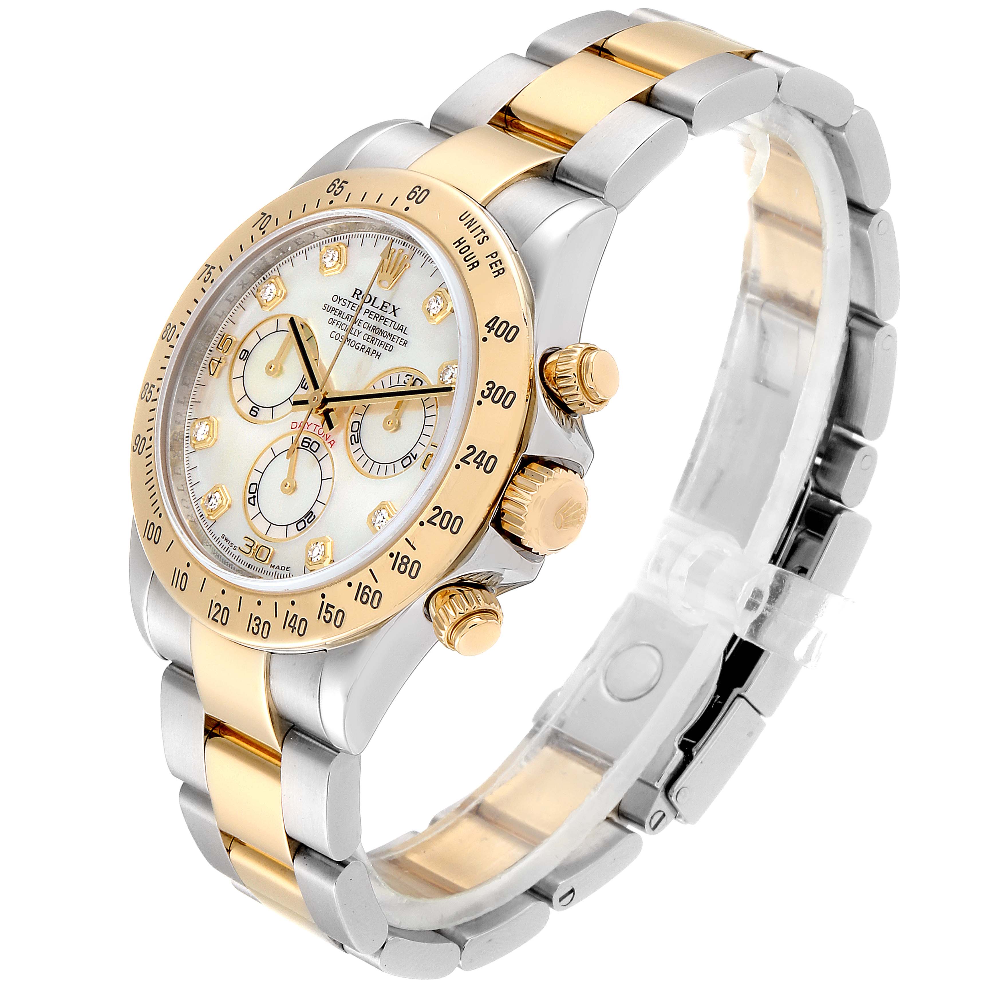 This image shows a side and angled view of a Rolex Daytona 116523 Men's Steel and Gold (two tone) Mother of Pearl Dial 116523 Men's Steel and Gold (two tone) Mother of Pearl Dial watch, highlighting the dial, bezel, buttons, and bracelet.