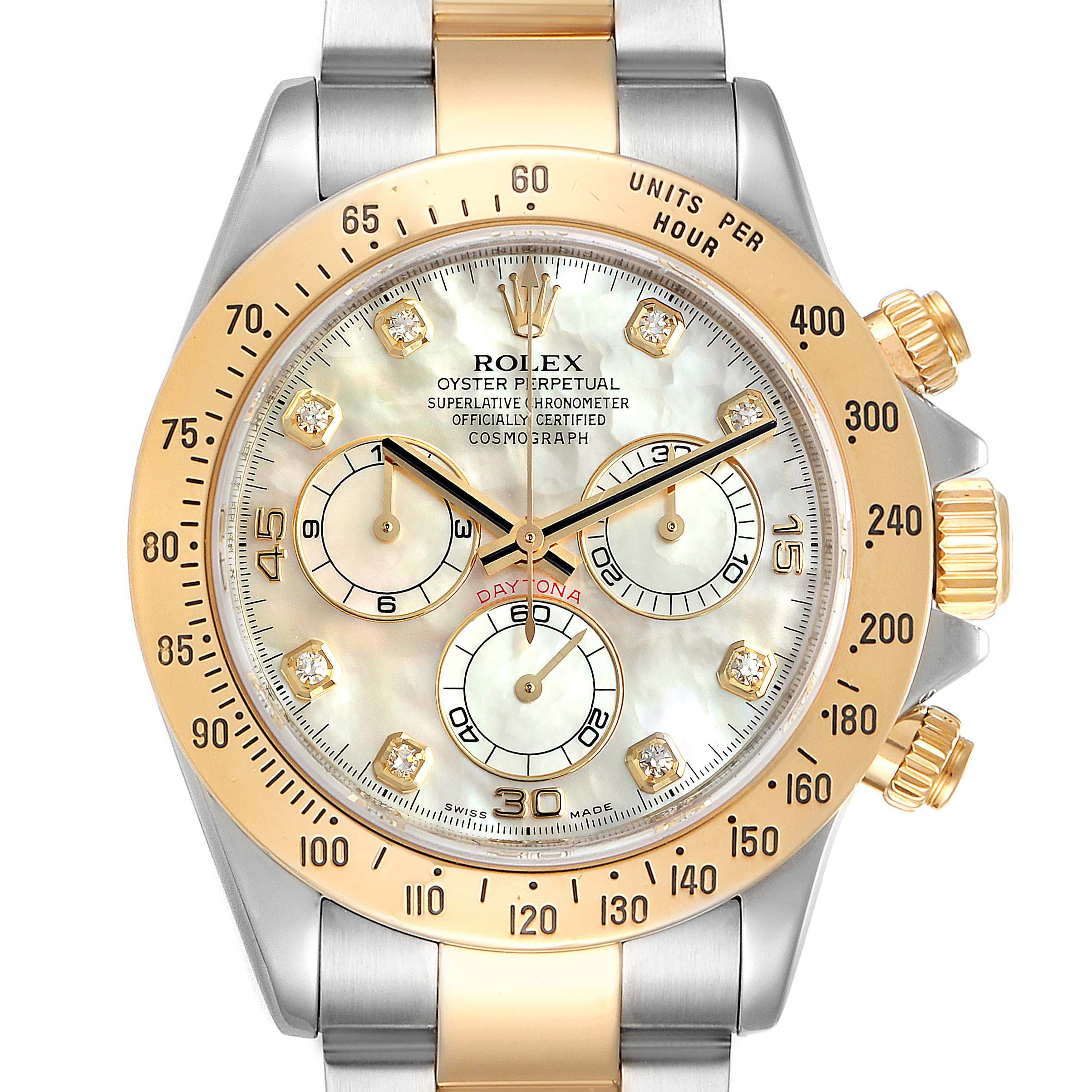 This image shows a front view of a Rolex Daytona 116523 Men's Steel and Gold (two tone) Mother of Pearl Dial 116523 Men's Steel and Gold (two tone) Mother of Pearl Dial watch, highlighting its dial, bezel, and part of the bracelet.