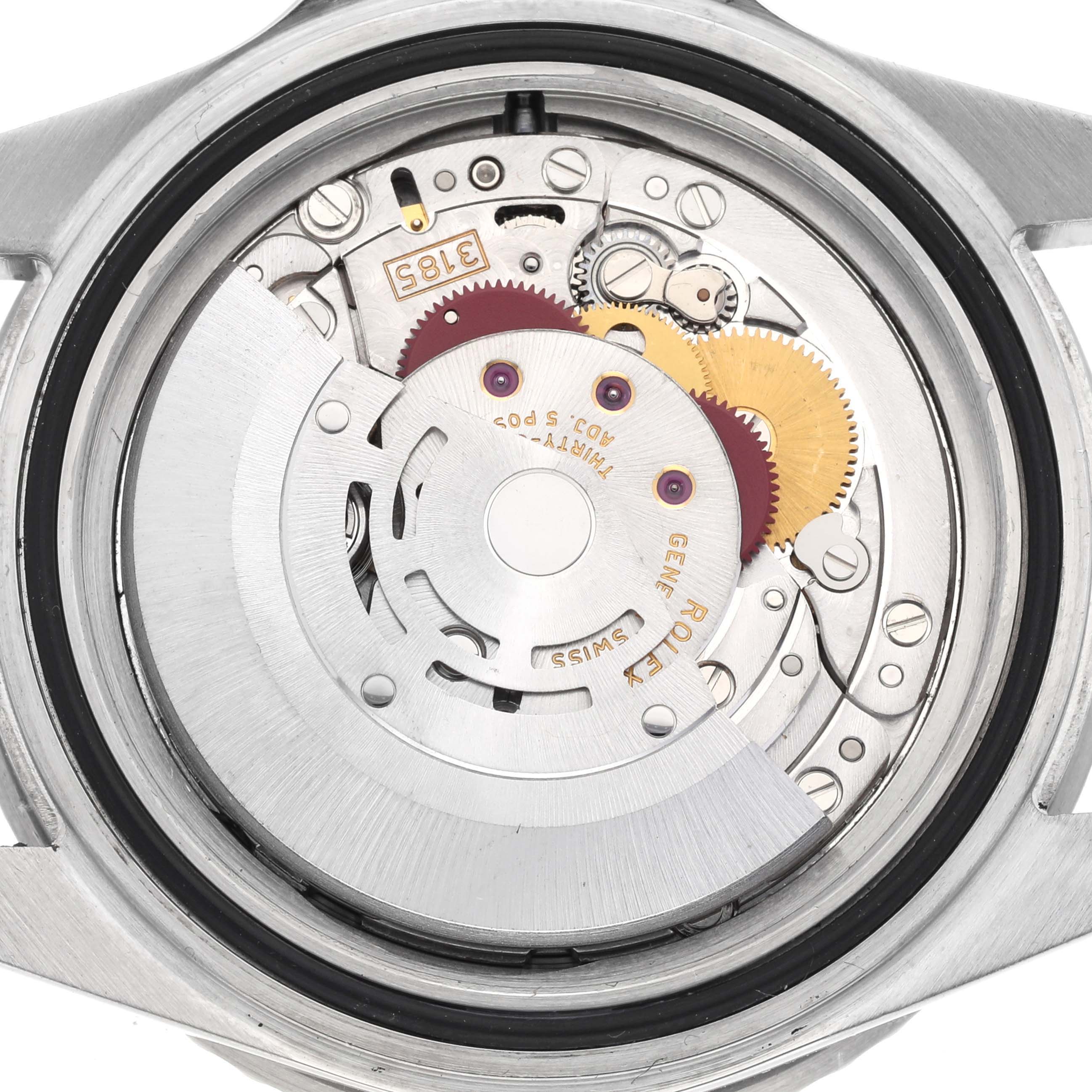 The image shows the internal mechanism and movement of a Rolex GMT-Master 16710 Men's Stainless Steel Black Dial 16710 Men's Stainless Steel Black Dial watch viewed from the back.