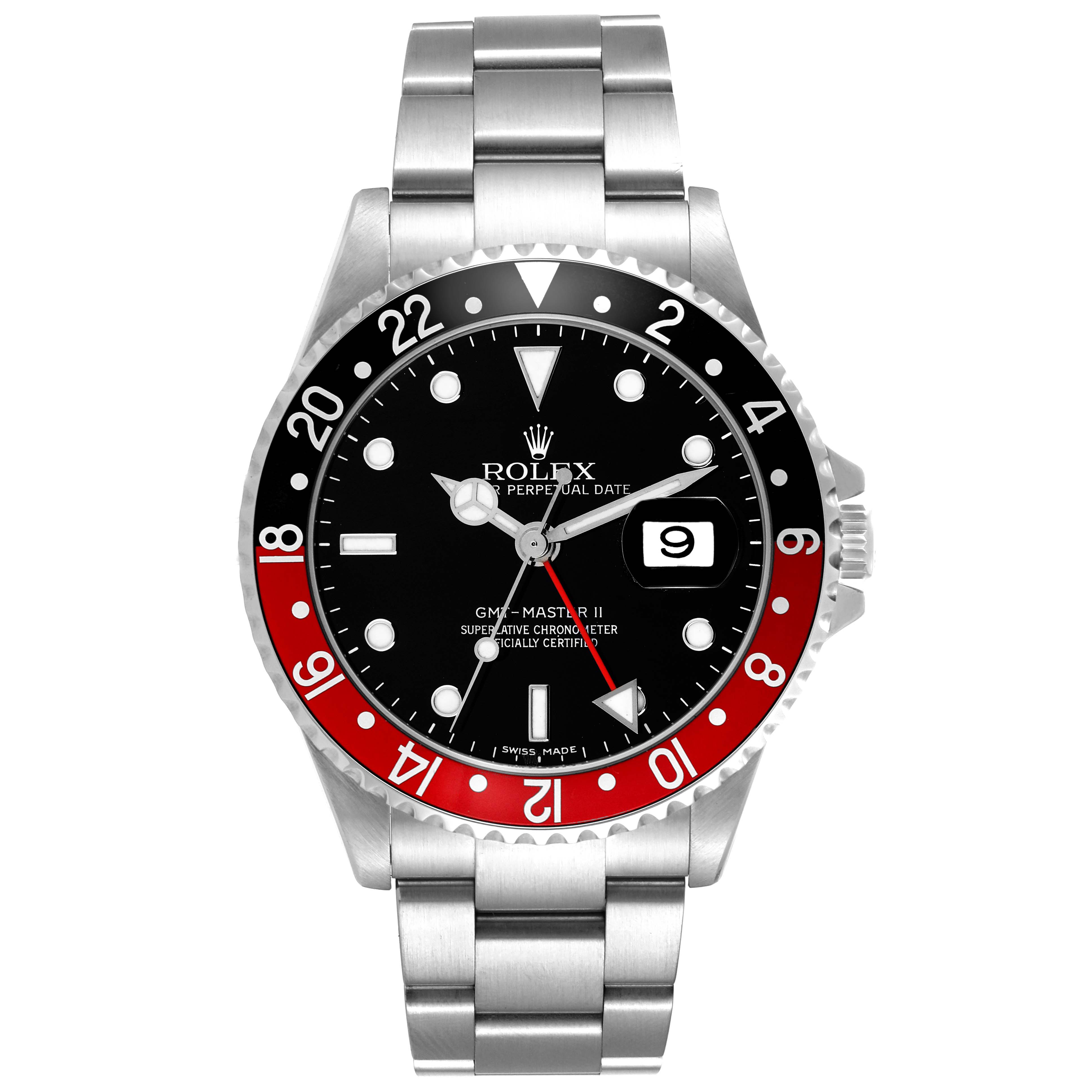 This is a frontal view of the Rolex GMT-Master 16710 Men's Stainless Steel Black Dial 16710 Men's Stainless Steel Black Dial II watch, displaying the face, bezel, and bracelet.