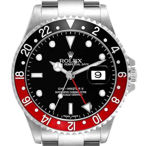 The image shows a front view of the Rolex GMT-Master II watch, highlighting its black and red bezel, date window, and stainless steel bracelet.