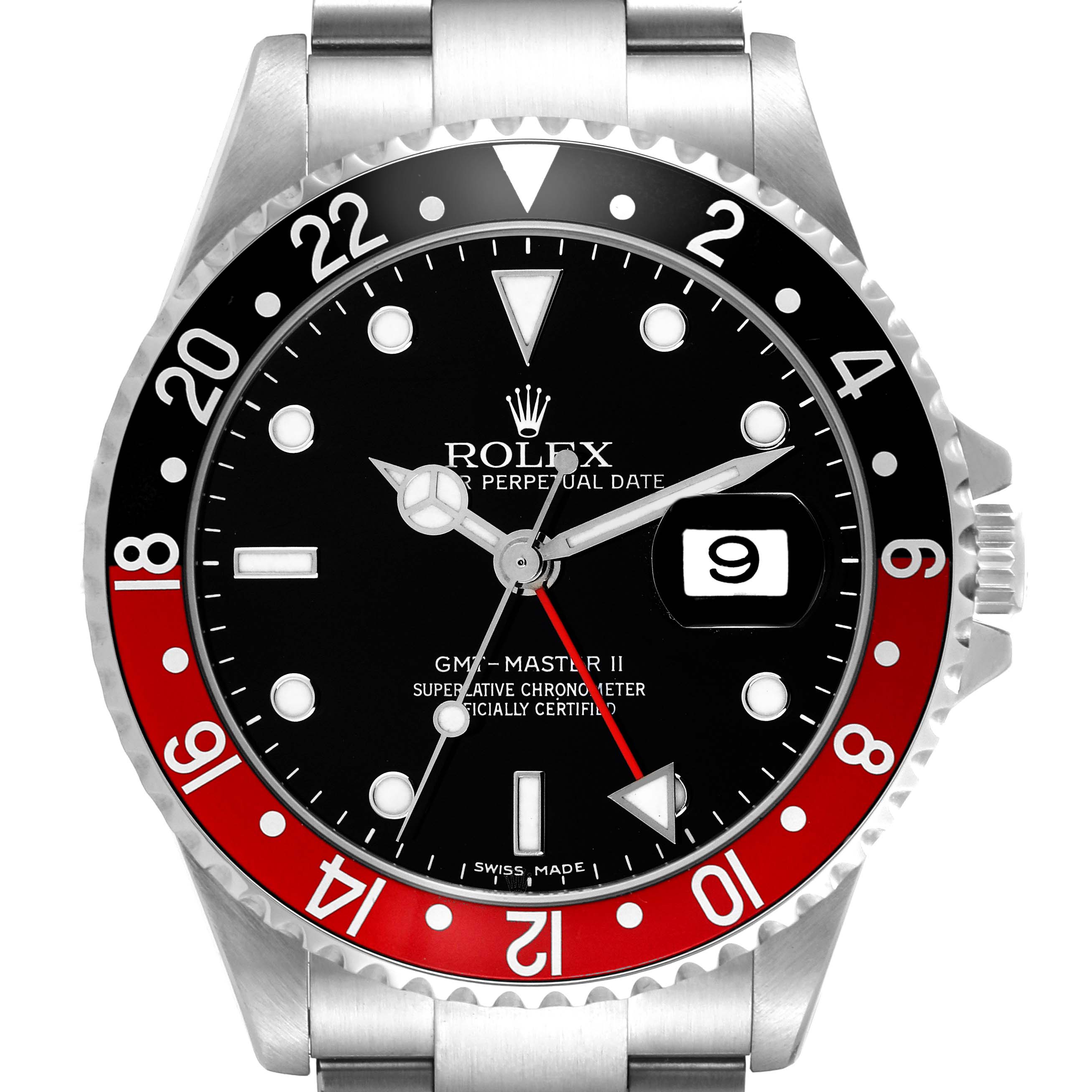 This image shows a head-on view of a Rolex GMT-Master 16710 Men's Stainless Steel Black Dial 16710 Men's Stainless Steel Black Dial II watch, highlighting the dial, hands, bezel, and stainless steel bracelet.