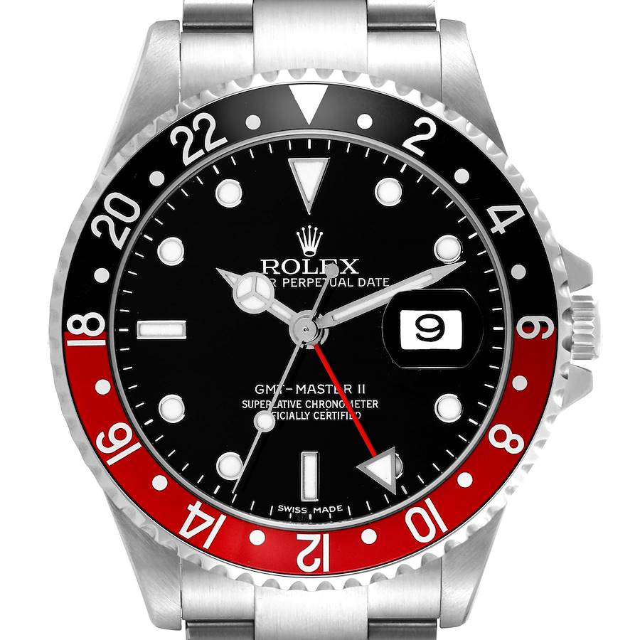 This image shows a head-on view of a Rolex GMT-Master II watch, highlighting the dial, hands, bezel, and stainless steel bracelet.