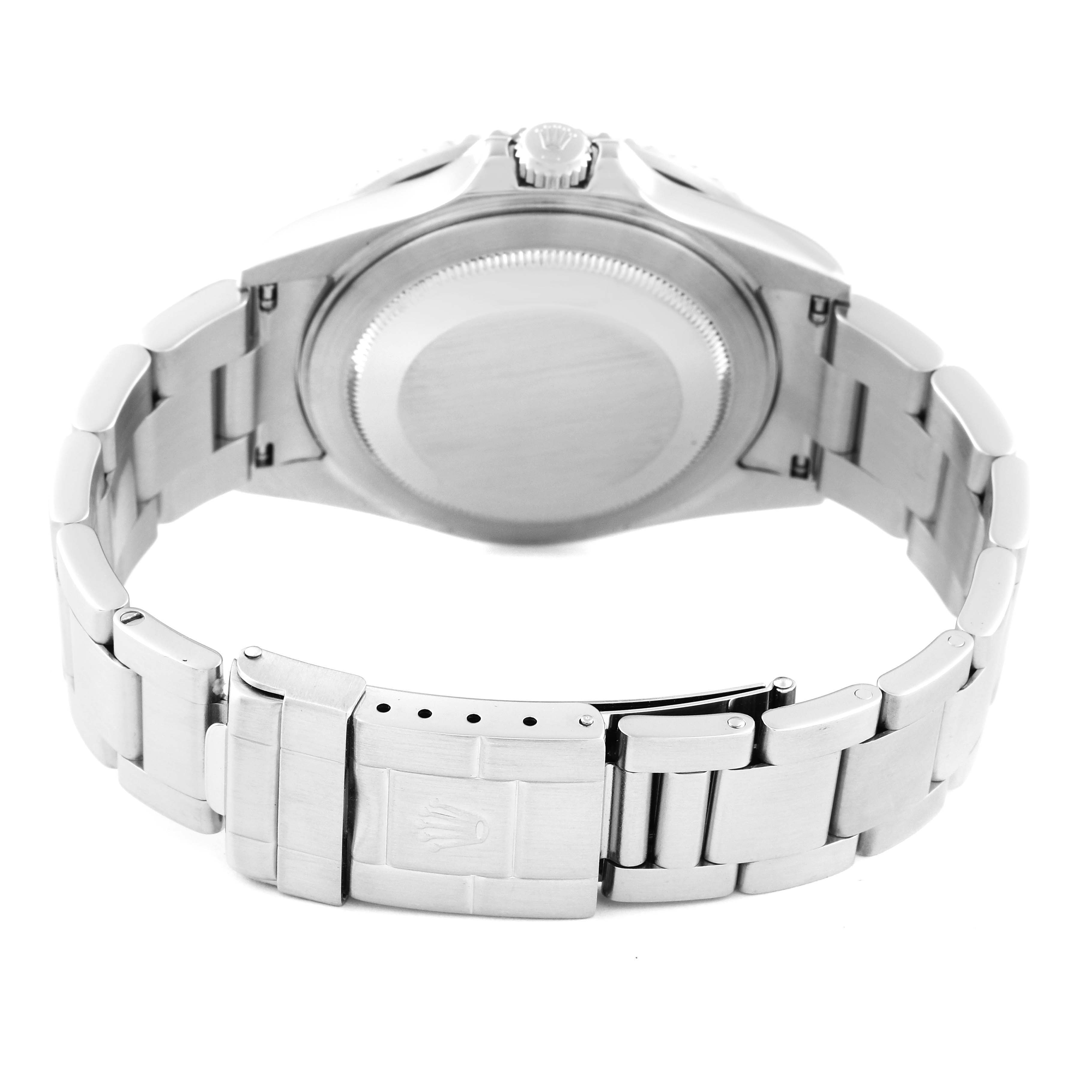 This image shows the backside and clasp of a Rolex GMT-Master 16710 Men's Stainless Steel Black Dial 16710 Men's Stainless Steel Black Dial watch, highlighting the case back and bracelet.