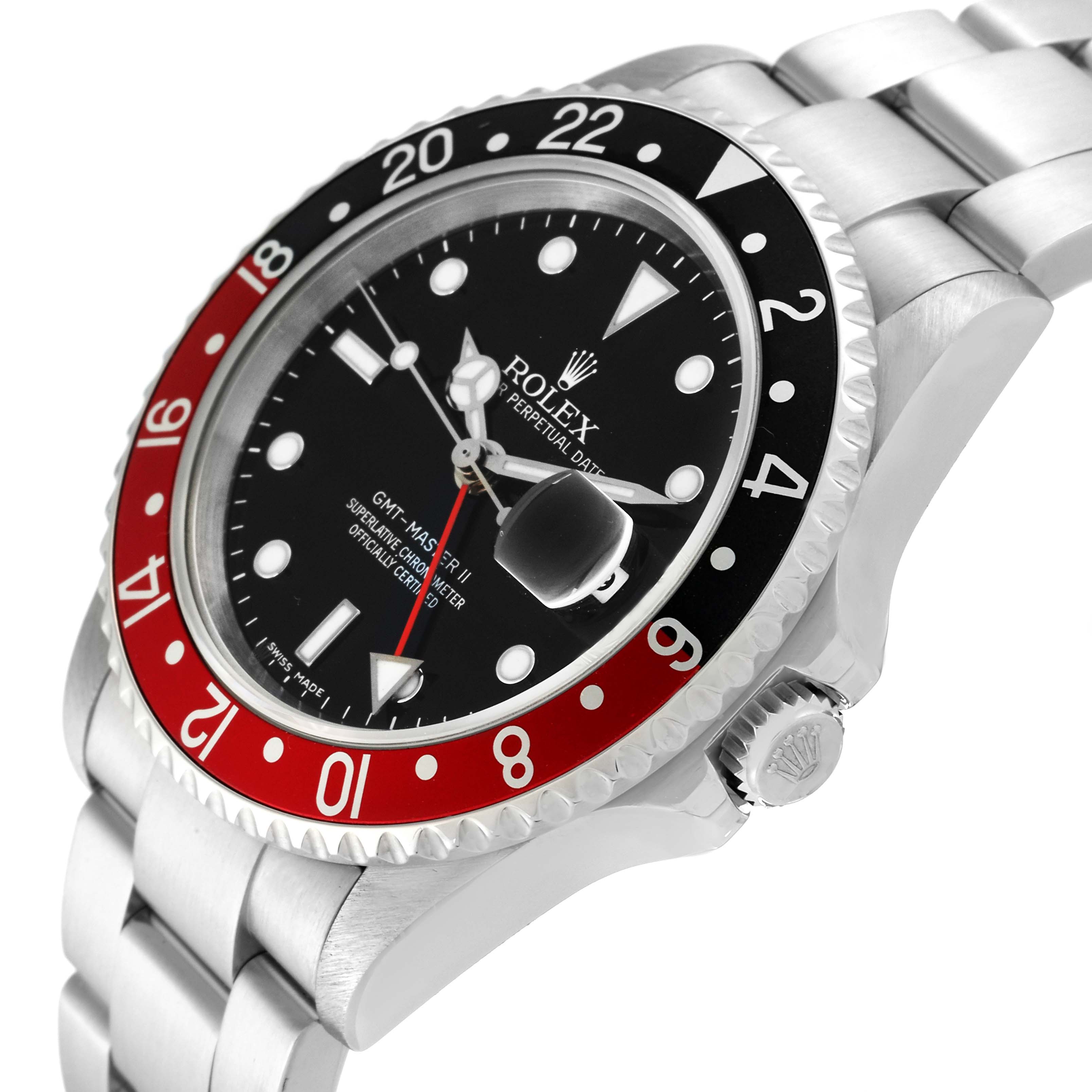 This image shows a Rolex GMT-Master 16710 Men's Stainless Steel Black Dial 16710 Men's Stainless Steel Black Dial II watch at an angled view, highlighting the bezel, dial, crown, and bracelet.