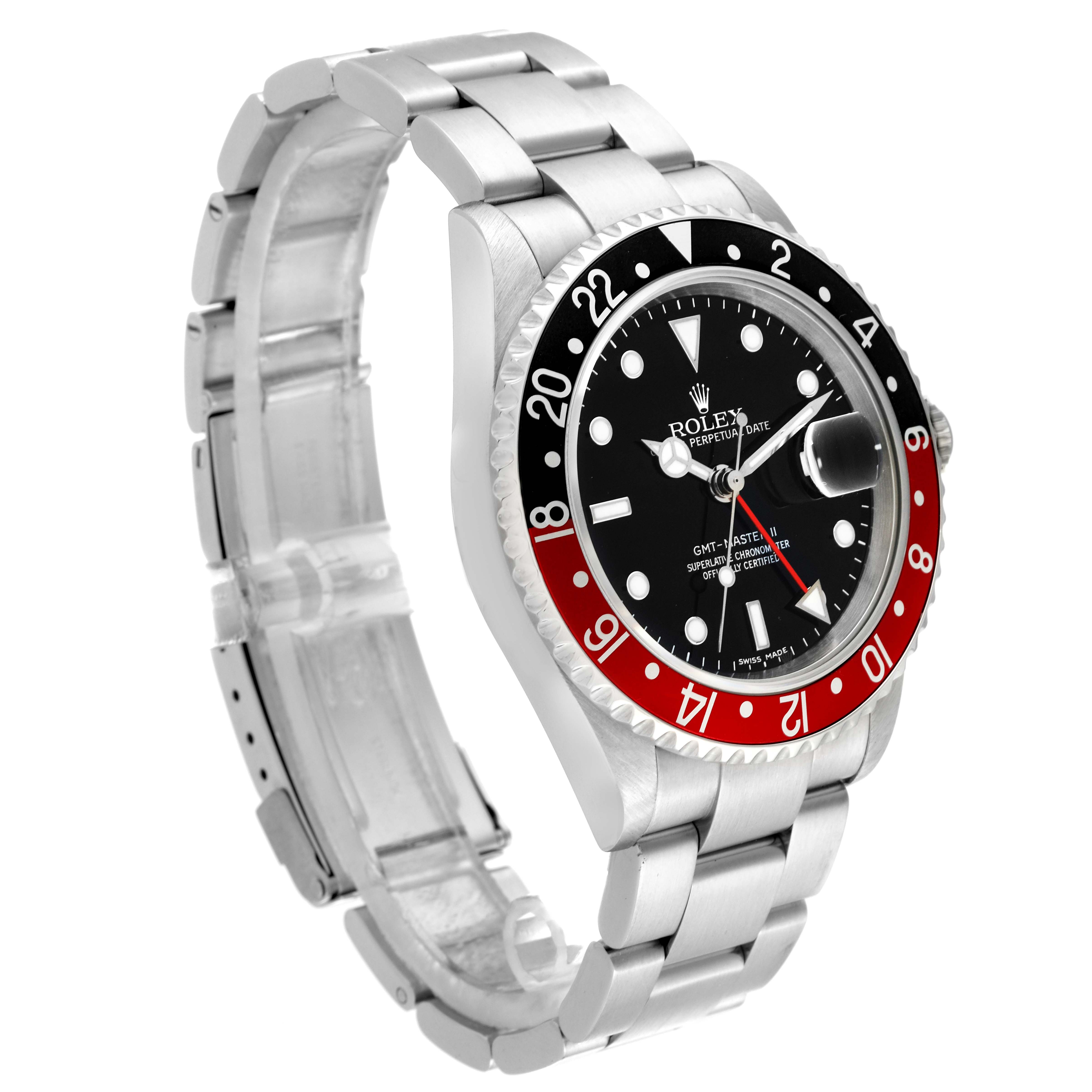 This Rolex GMT-Master 16710 Men's Stainless Steel Black Dial 16710 Men's Stainless Steel Black Dial watch is shown at a three-quarter angle highlighting its bezel, dial, bracelet, and crown.