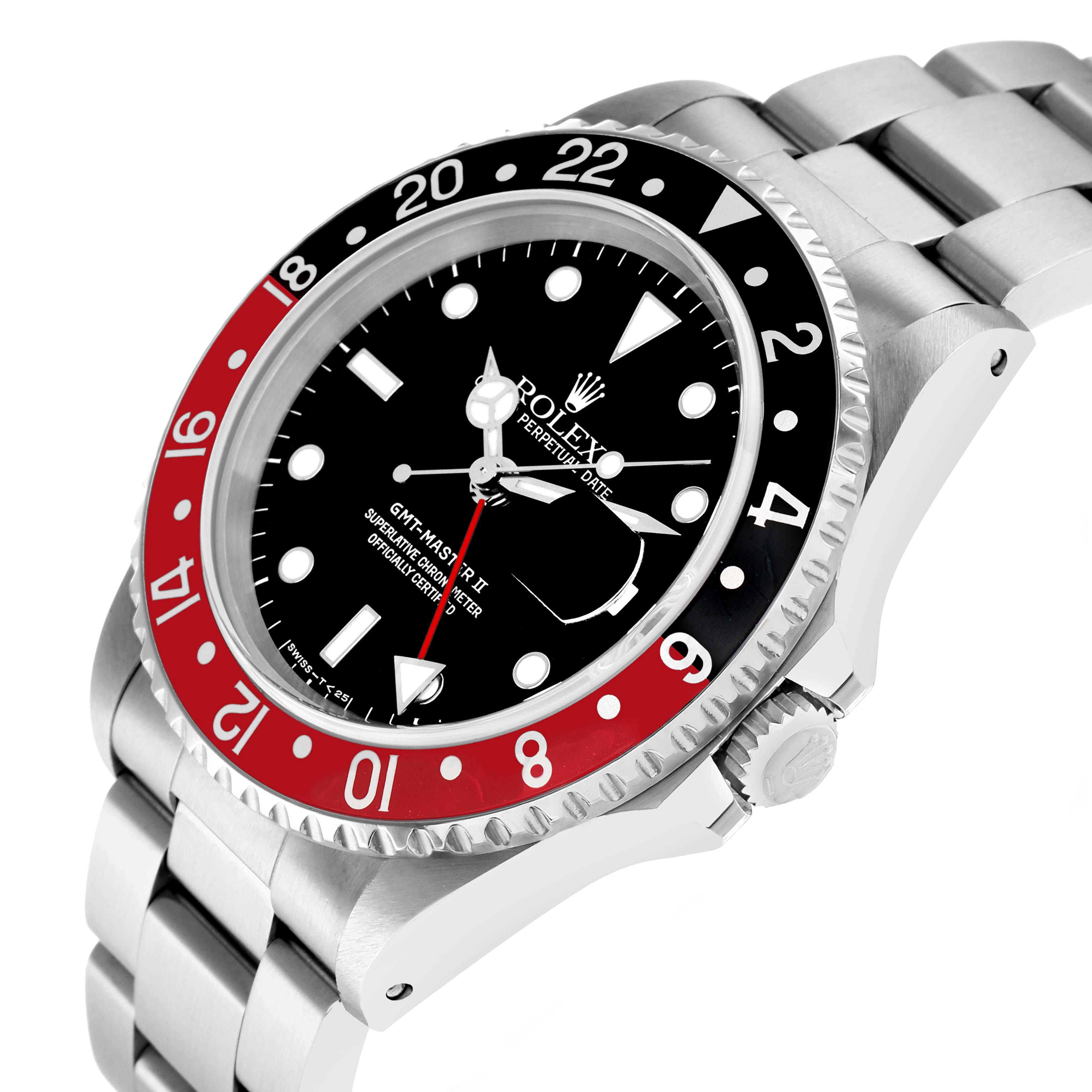 The Rolex GMT-Master 16710 Men
s Stainless Steel Black Dial watch is shown from a side angle, highlighting the bezel, dial, crown, and part of the bracelet.