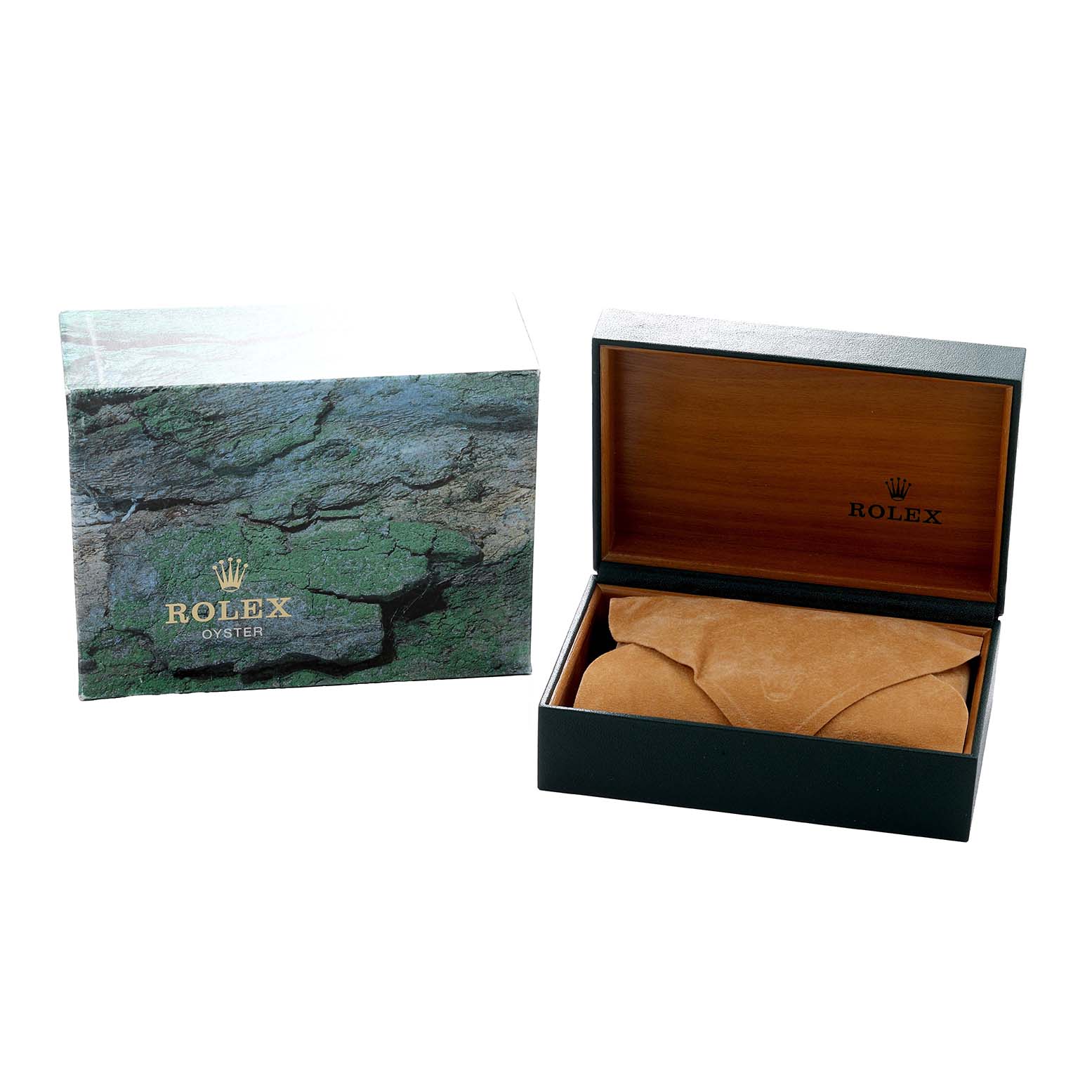 The image shows a Rolex GMT-Master 16710 Men
s Stainless Steel Black Dial box and inner case, open to reveal a suede pouch.