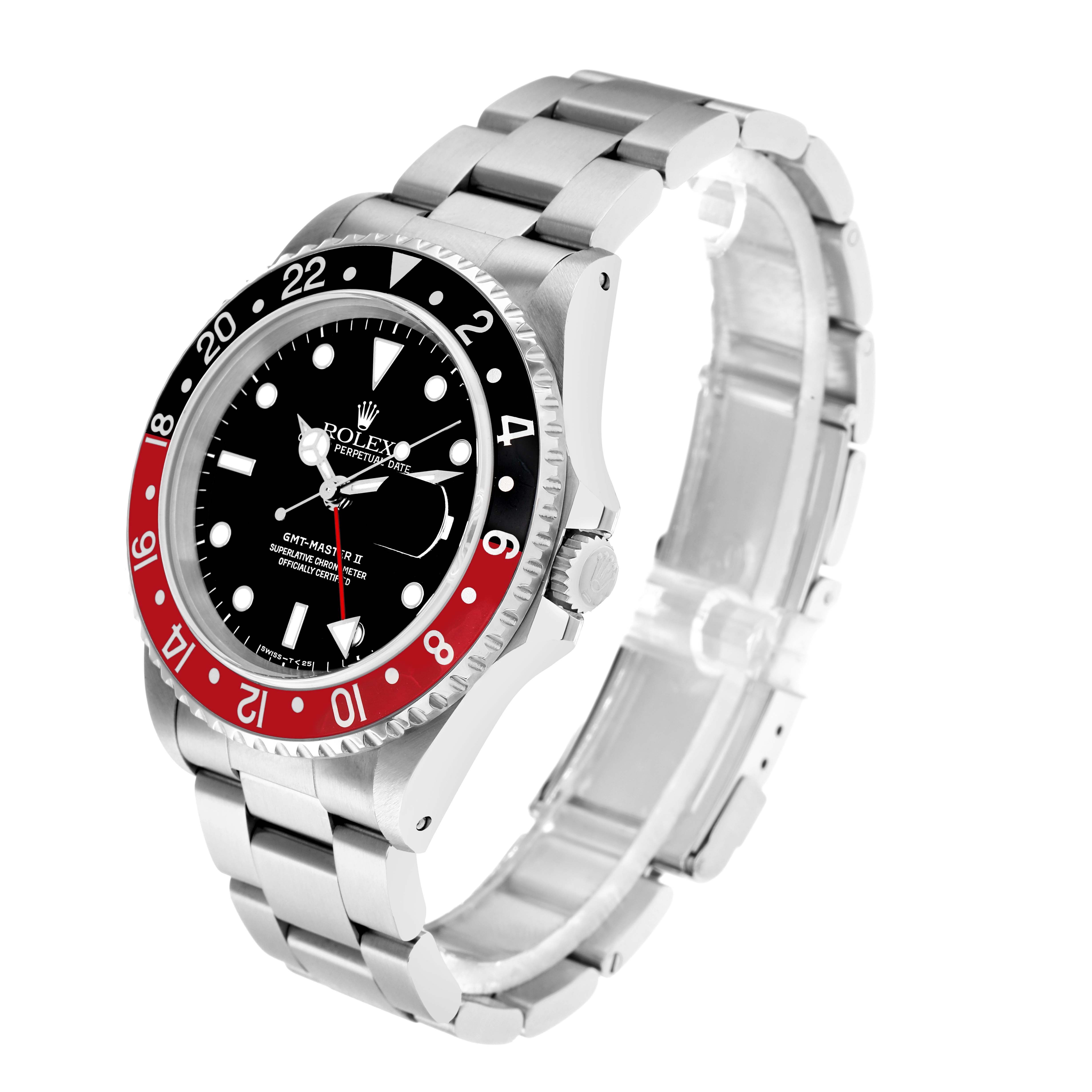 The Rolex GMT-Master 16710 Men
s Stainless Steel Black Dial watch is shown at a three-quarter view highlighting the bezel, face, and stainless steel bracelet.