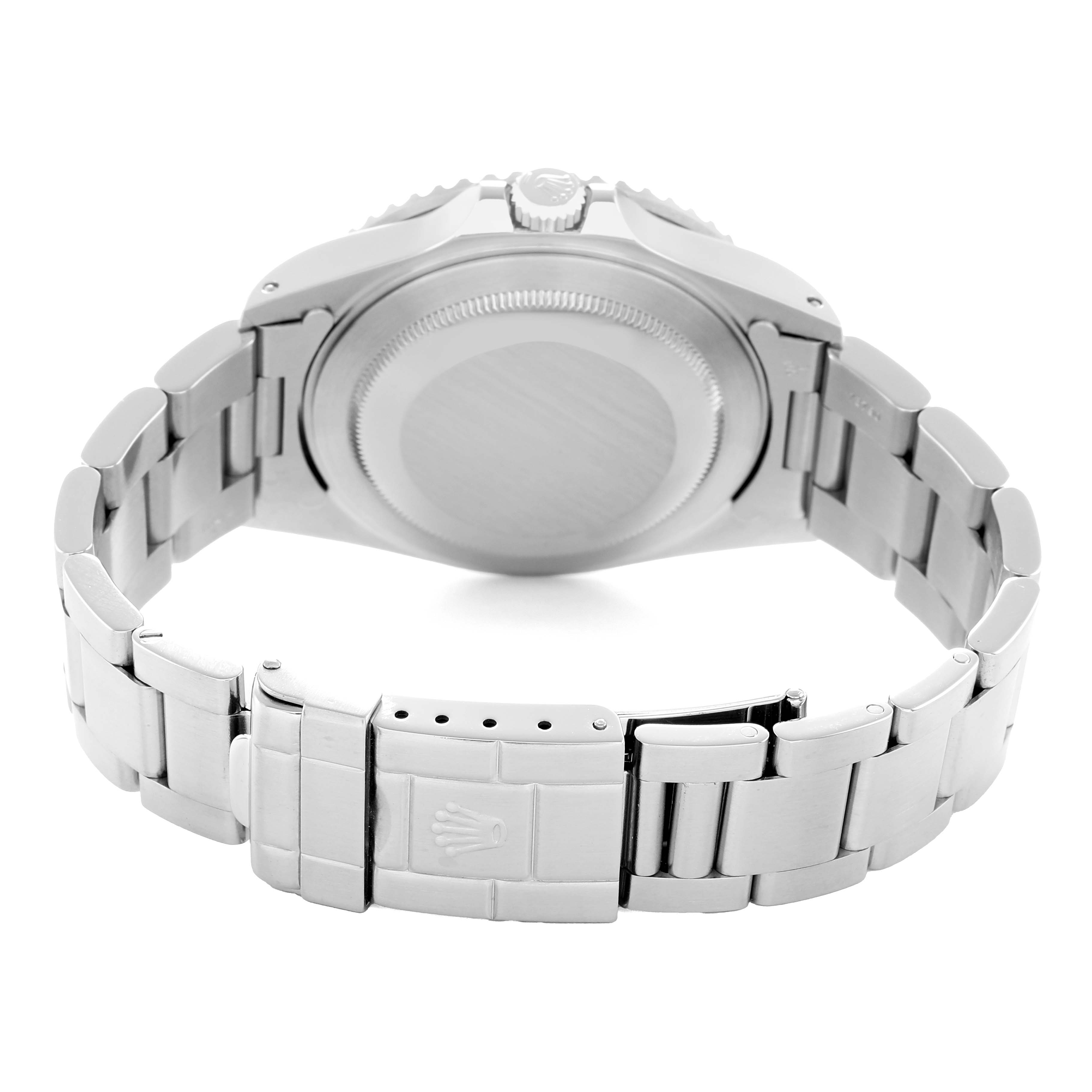 The image shows the back view of a Rolex GMT-Master 16710 Men
s Stainless Steel Black Dial watch, highlighting the bracelet, clasp, and case back.