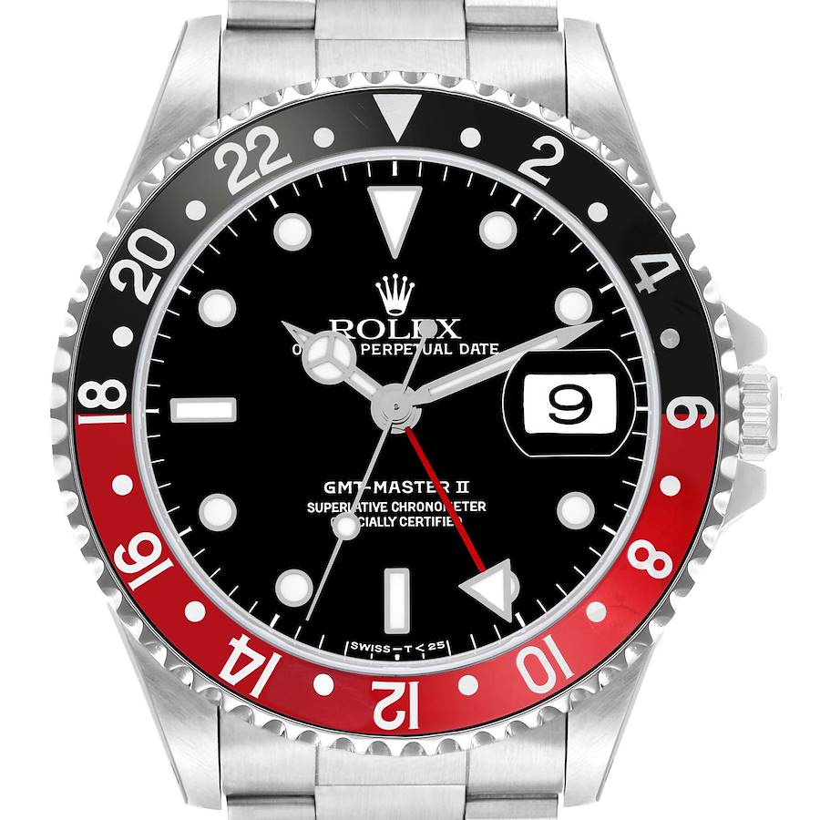 The Rolex GMT-Master 16710 Men's Stainless Steel Black Dial II watch is shown from a front angle, highlighting the bezel, dial, and date window.