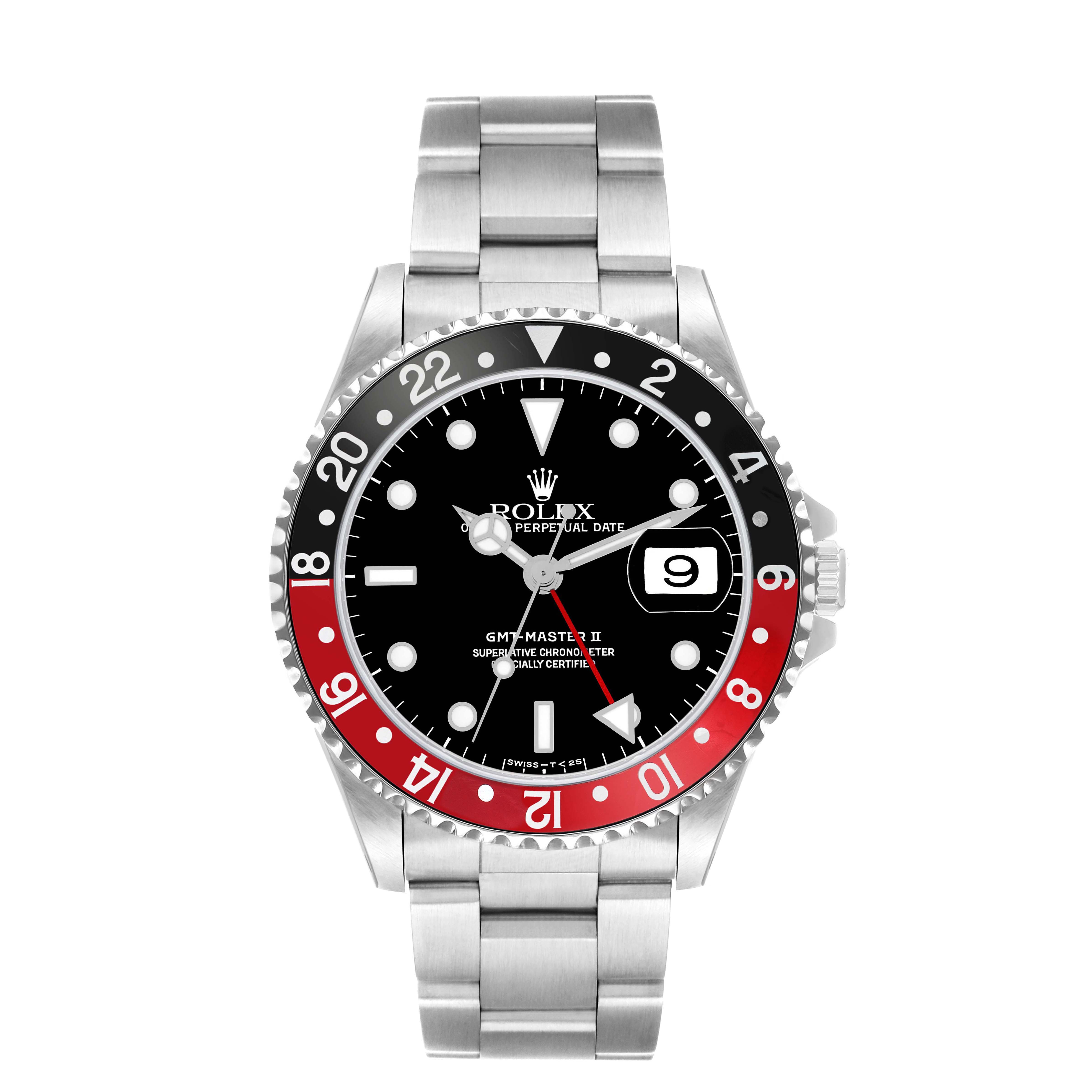 The Rolex GMT-Master 16710 Men
s Stainless Steel Black Dial watch is shown from the front, displaying the bezel, dial, hands, bracelet, and date window.