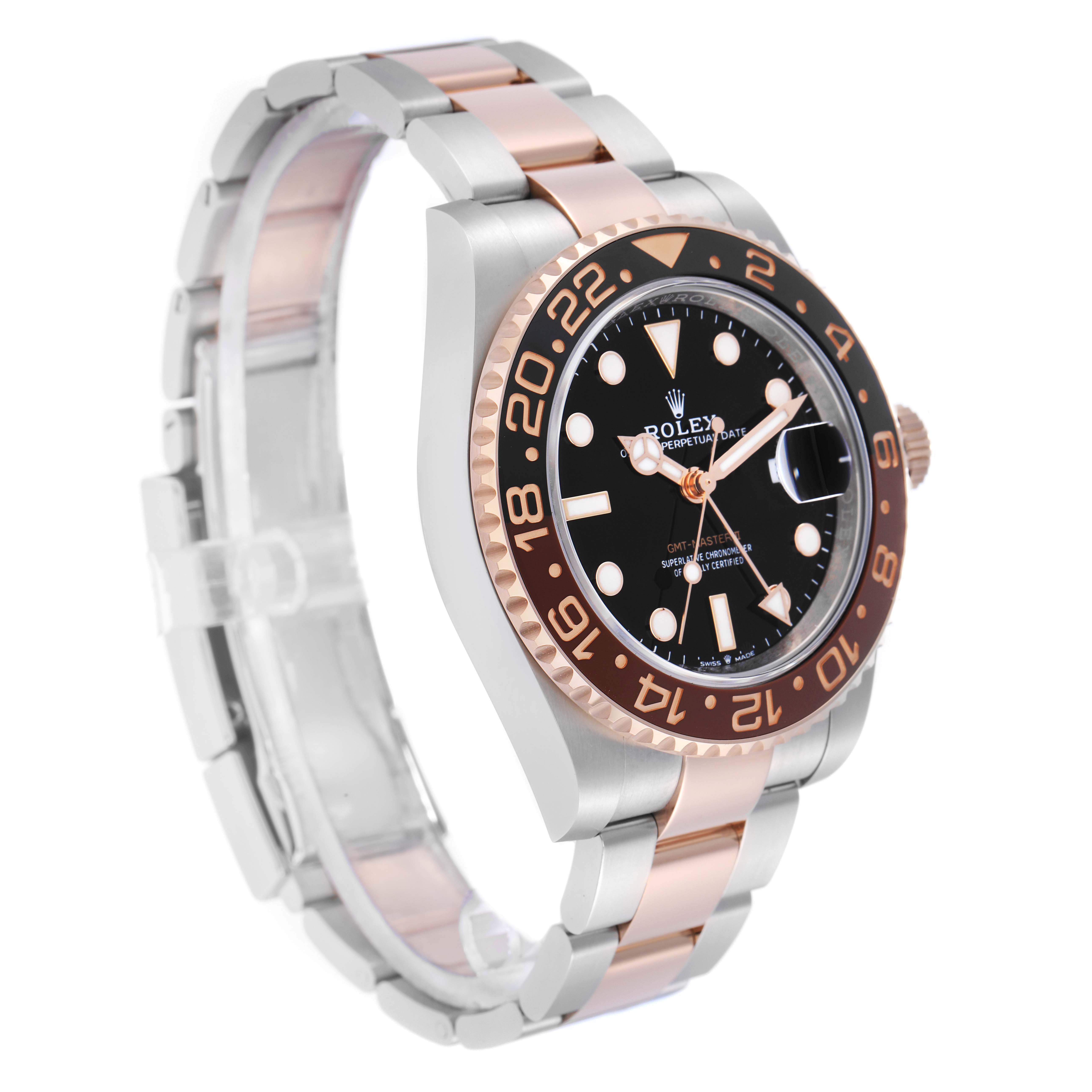 The Rolex GMT-Master 126711 Men
s Steel and Gold (two tone) Black Dial watch is shown at a three-quarter angle, highlighting the face, bezel, and bracelet.