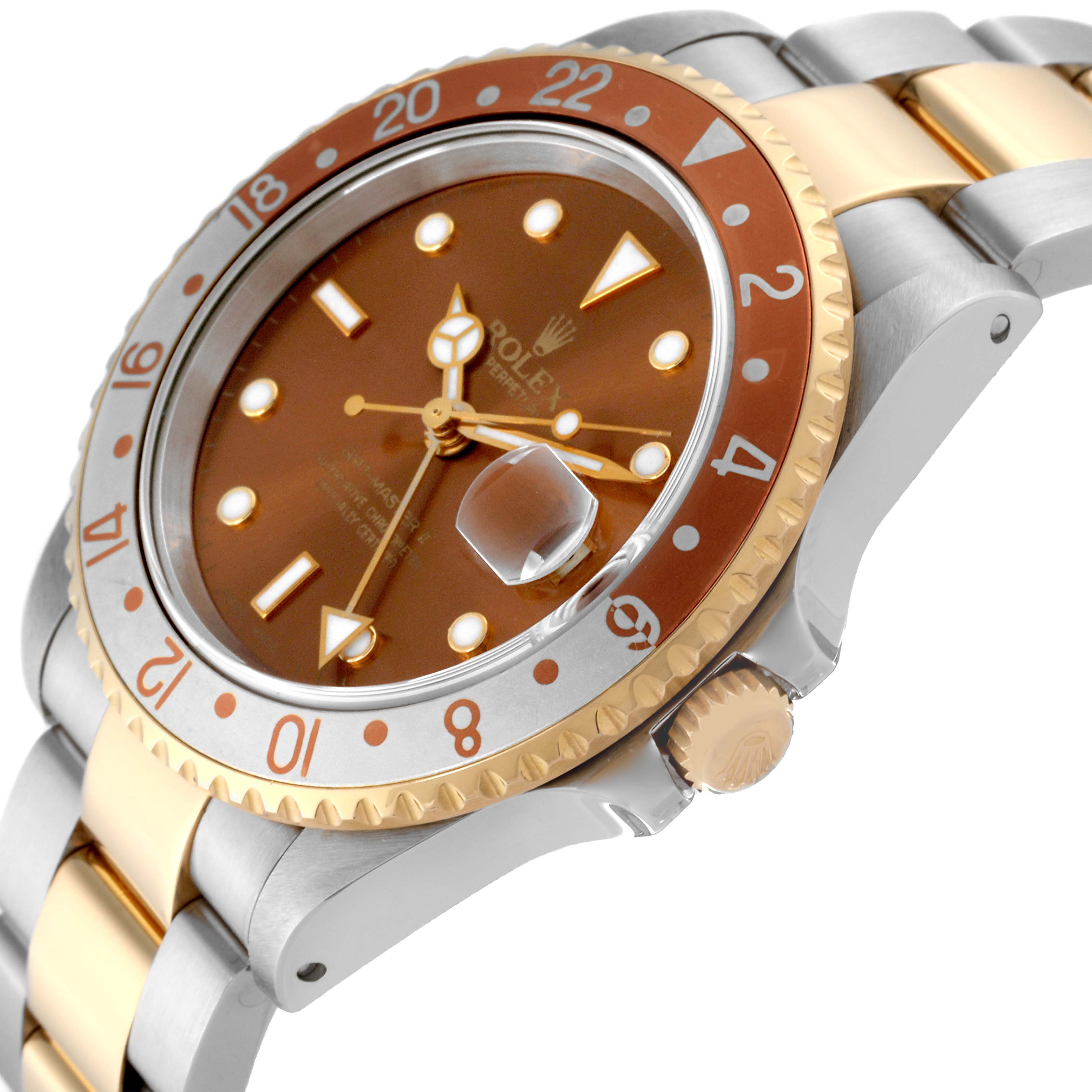 This image shows a close-up side angle of the Rolex GMT-Master 16713 Men's Steel and Gold (two tone) Brown Dial 16713 Men's Steel and Gold (two tone) Brown Dial watch, highlighting the bezel, crown, and part of the bracelet.