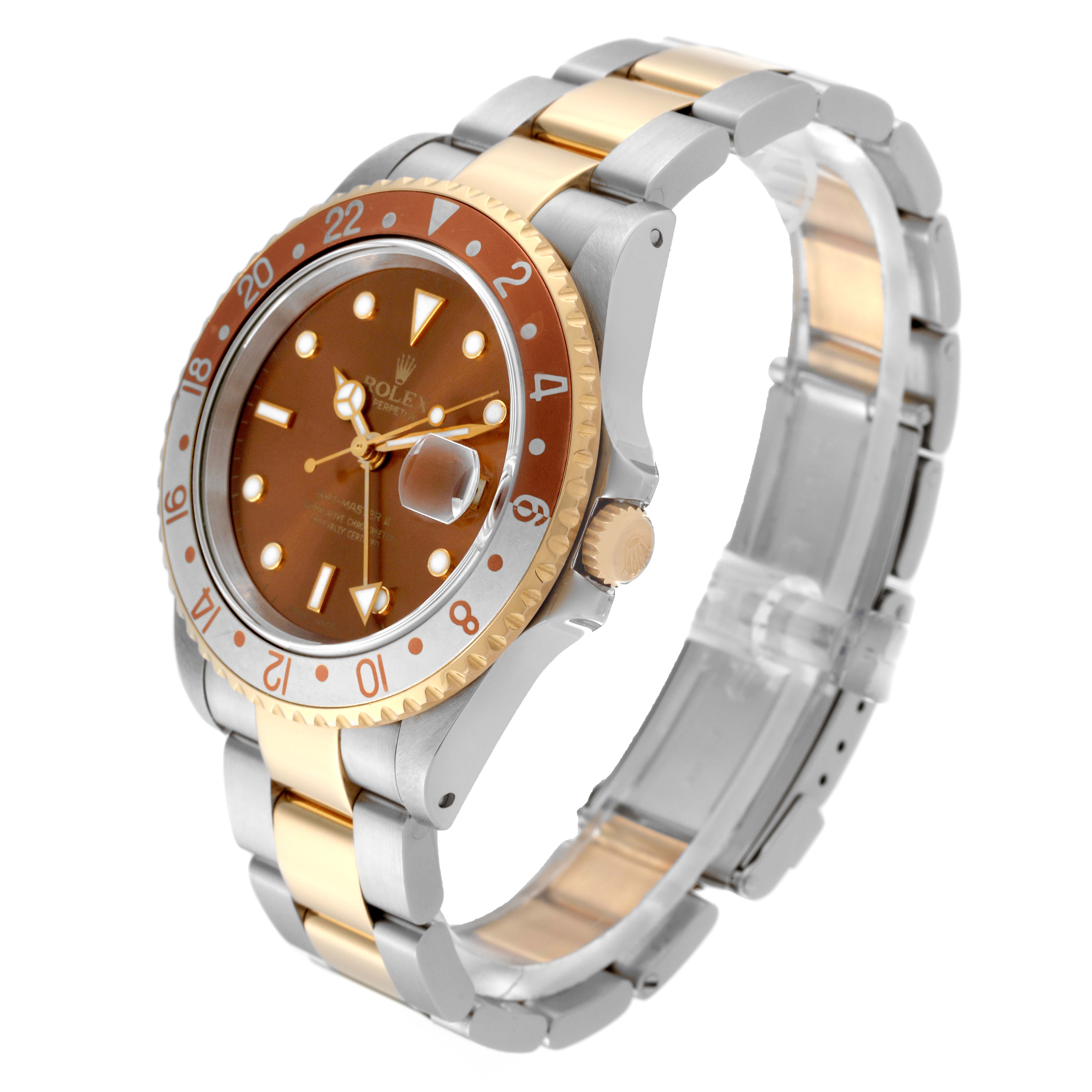 The Rolex GMT-Master 16713 Men's Steel and Gold (two tone) Brown Dial 16713 Men's Steel and Gold (two tone) Brown Dial is shown at a front diagonal angle highlighting the bezel, dial, crown, and bracelet.