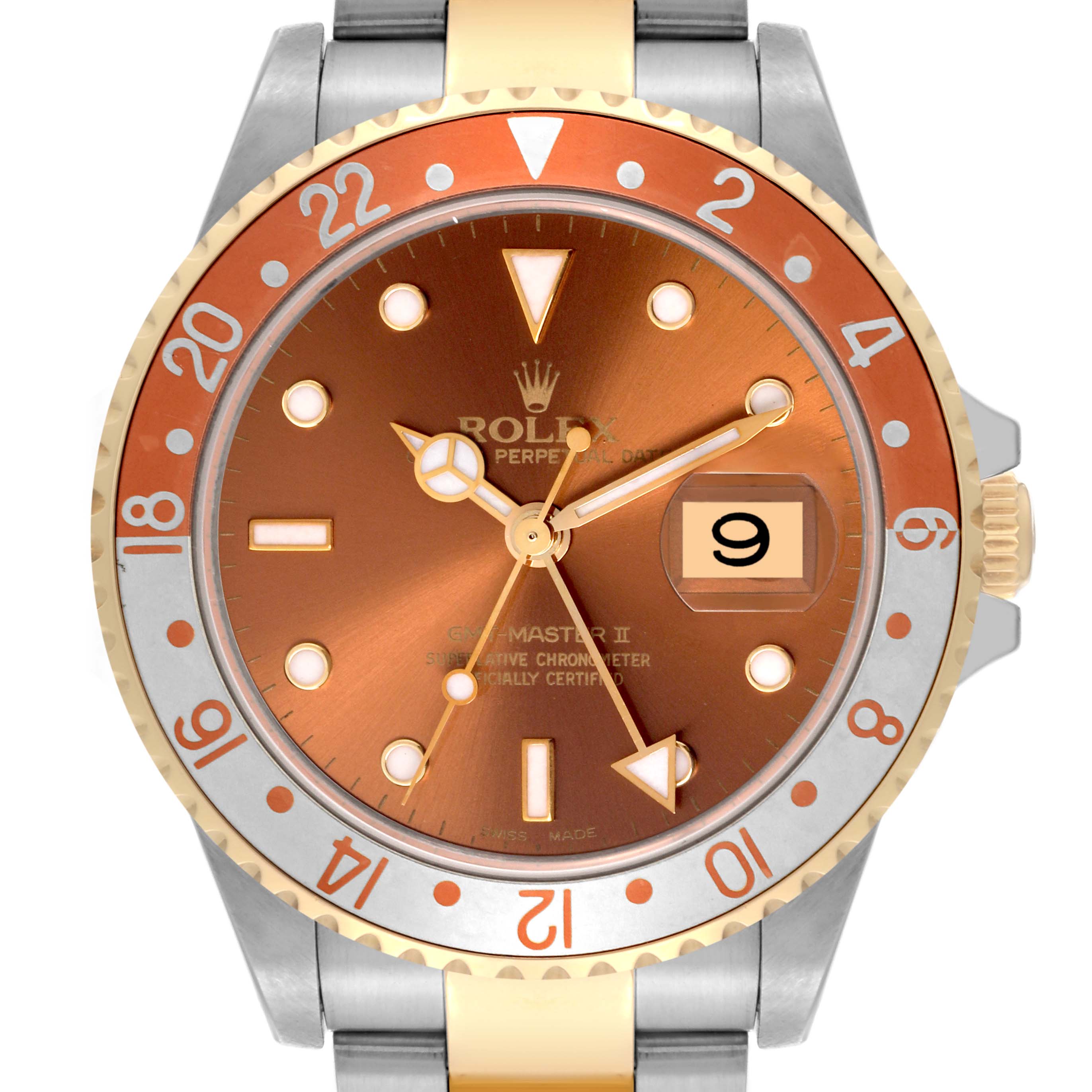The Rolex GMT-Master 16713 Men's Steel and Gold (two tone) Brown Dial 16713 Men's Steel and Gold (two tone) Brown Dial watch is shown from the front, highlighting its dial, bezel, and partial bracelet.