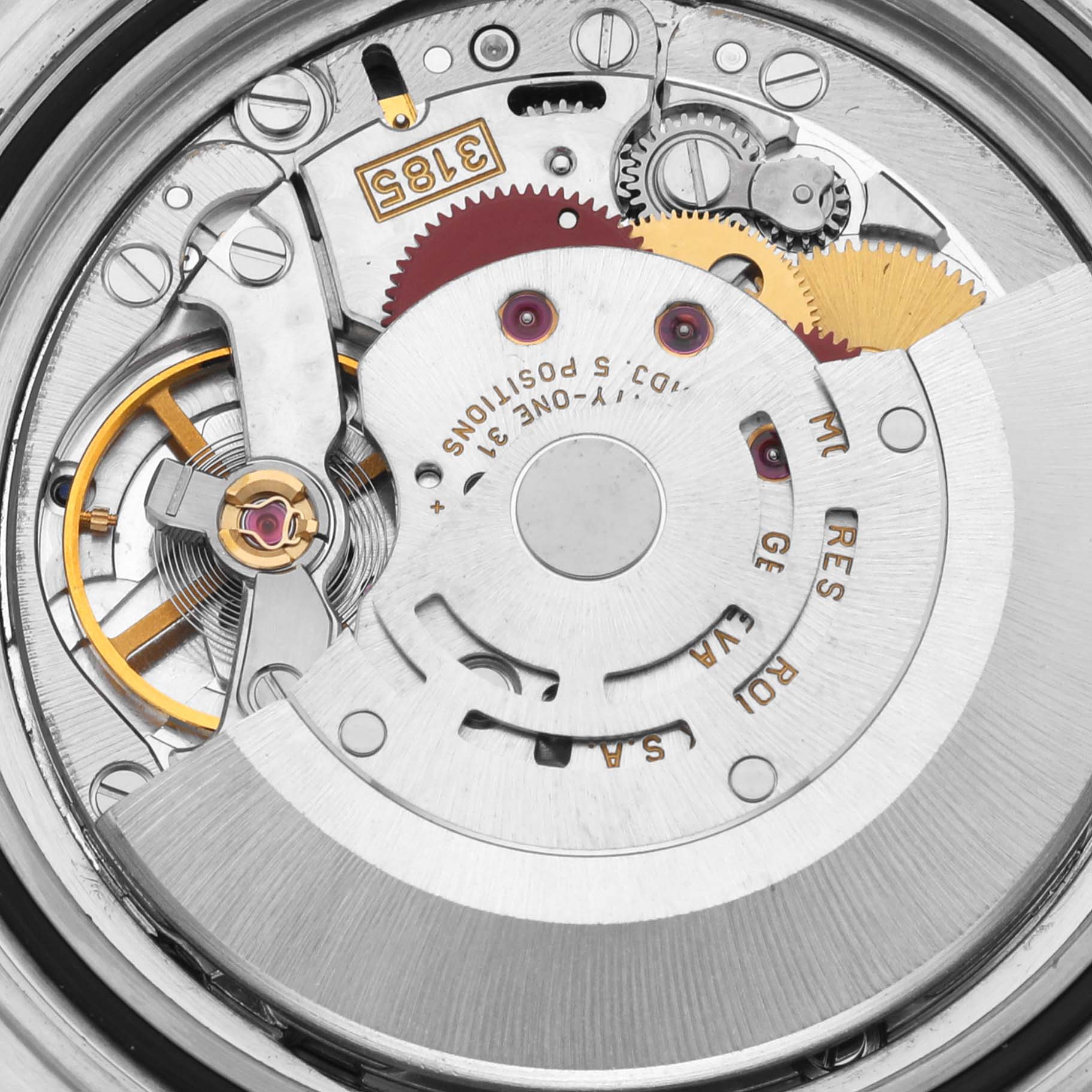 The image shows the movement of a Rolex GMT-Master 16713 Men's Steel and Gold (two tone) Brown Dial 16713 Men's Steel and Gold (two tone) Brown Dial watch from a top-down angle, revealing gears and the rotor.
