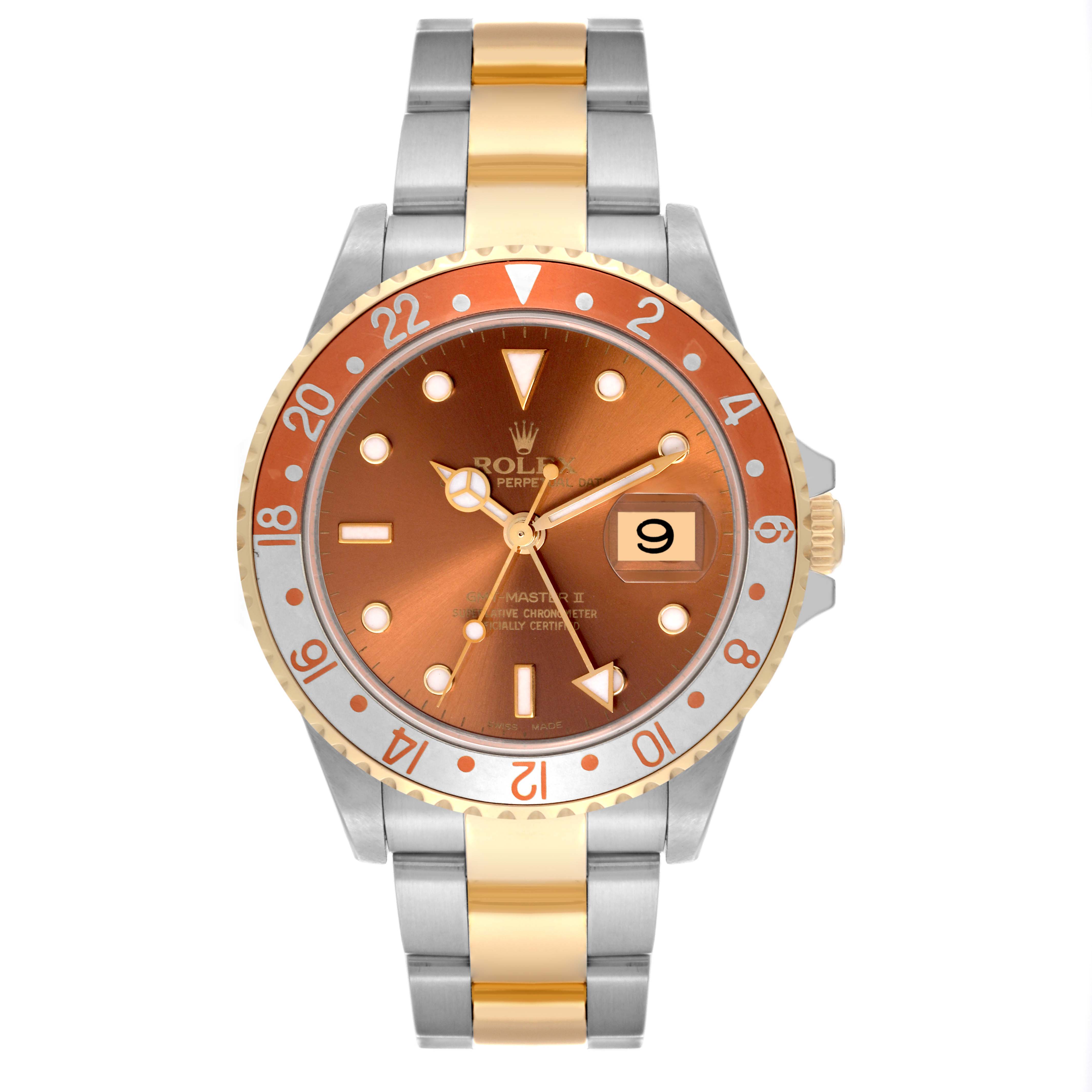 The Rolex GMT-Master 16713 Men's Steel and Gold (two tone) Brown Dial 16713 Men's Steel and Gold (two tone) Brown Dial watch is shown from a front angle, highlighting the bezel, dial, crown, and two-tone bracelet.