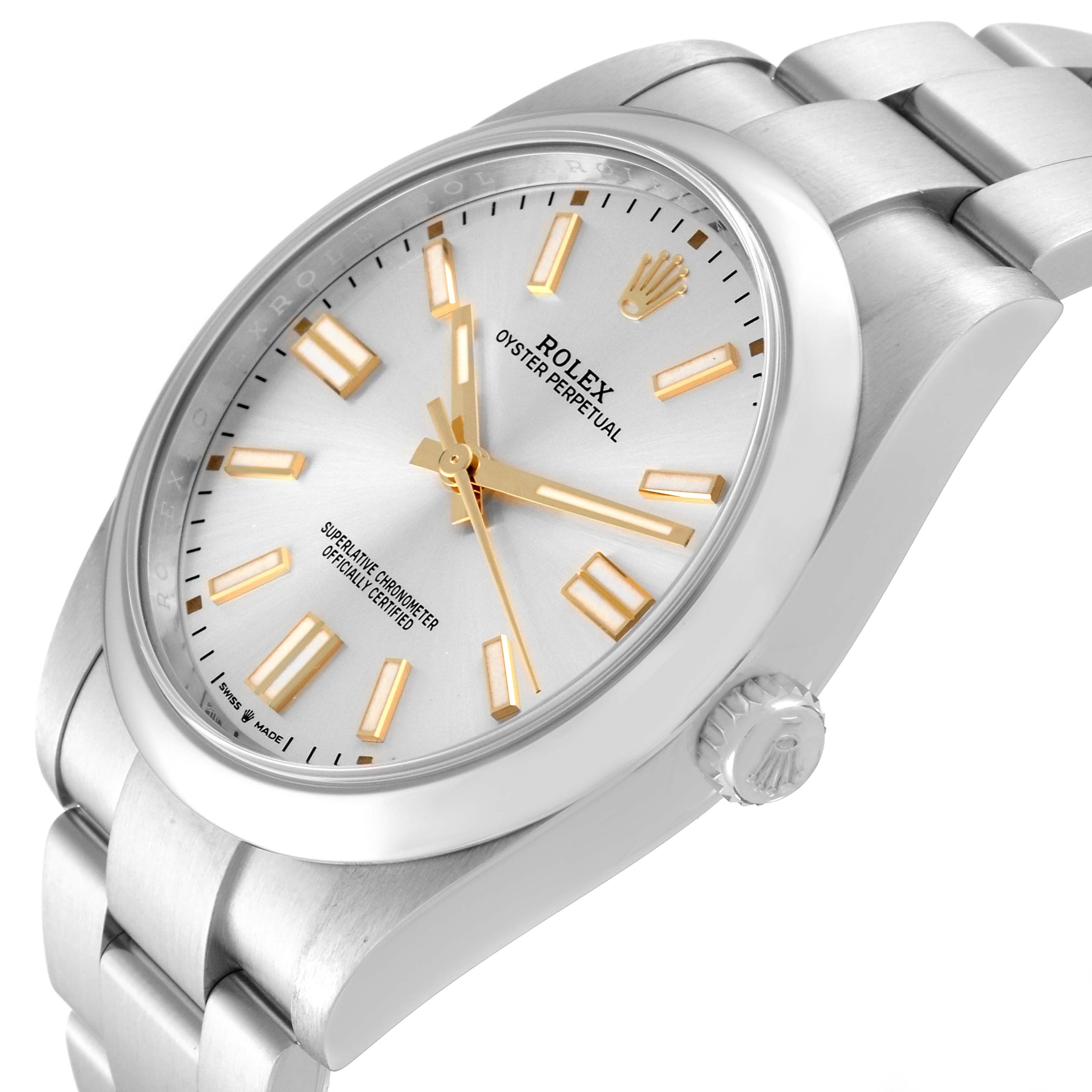 This image shows a side view of a Rolex Oyster Perpetual 124300 Men's Stainless Steel Silver Dial 124300 Men's Stainless Steel Silver Dial watch, highlighting its dial, bezel, and part of the bracelet.