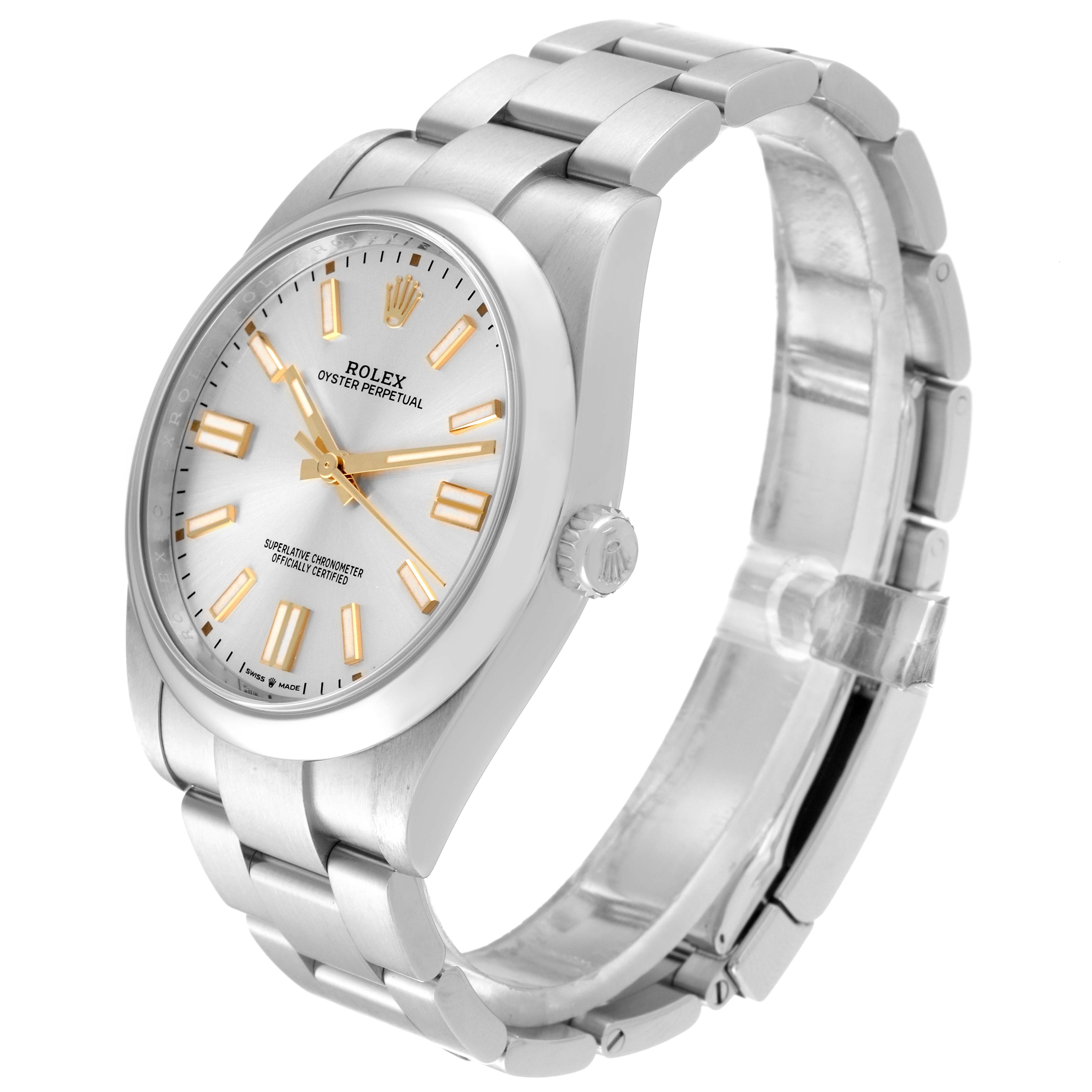 The Rolex Oyster Perpetual 124300 Men's Stainless Steel Silver Dial 124300 Men's Stainless Steel Silver Dial is shown at a slight side angle, displaying the face, case, crown, and bracelet.