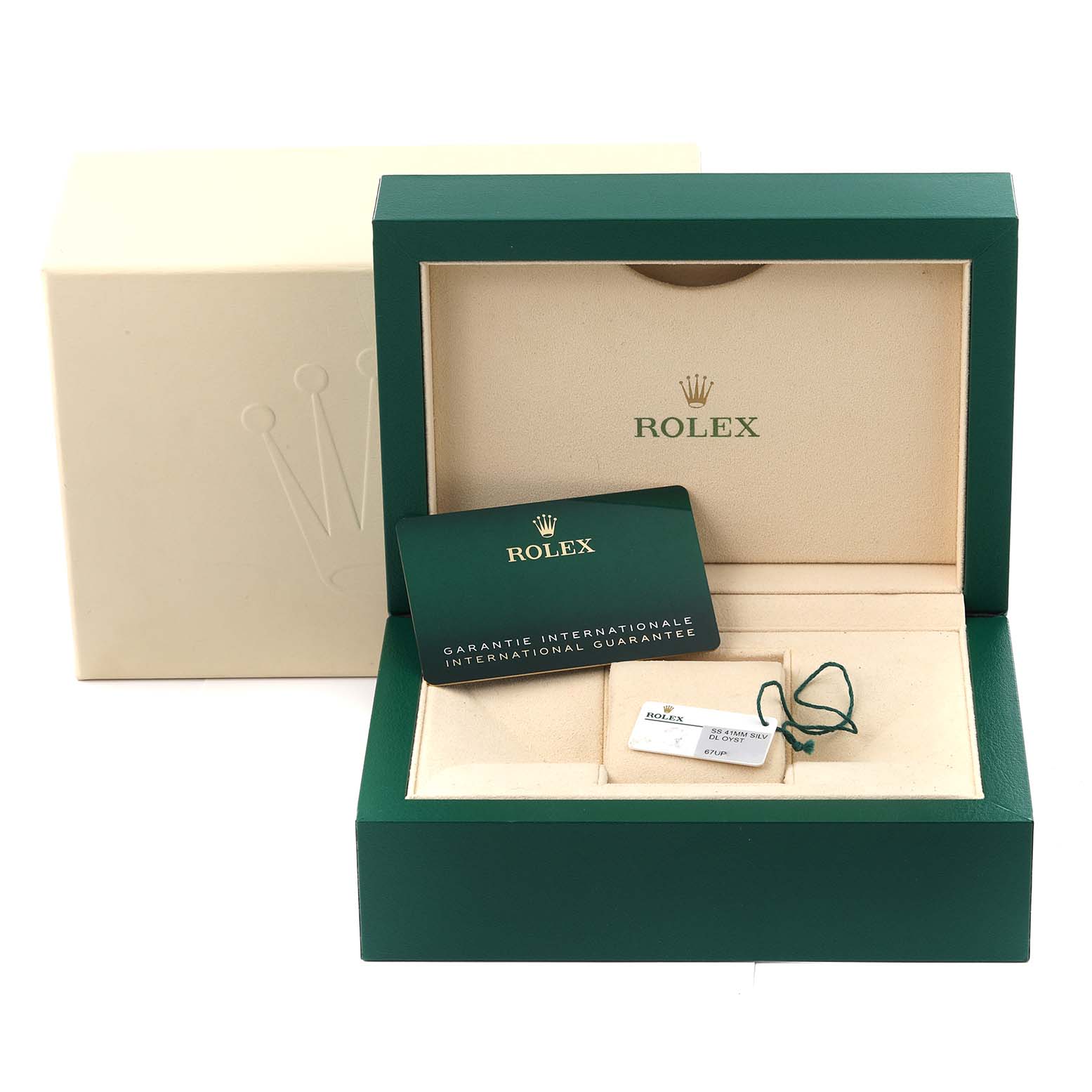 The image shows a Rolex Oyster Perpetual 124300 Men's Stainless Steel Silver Dial 124300 Men's Stainless Steel Silver Dial watch box, guarantee card, tag, and green box cover.