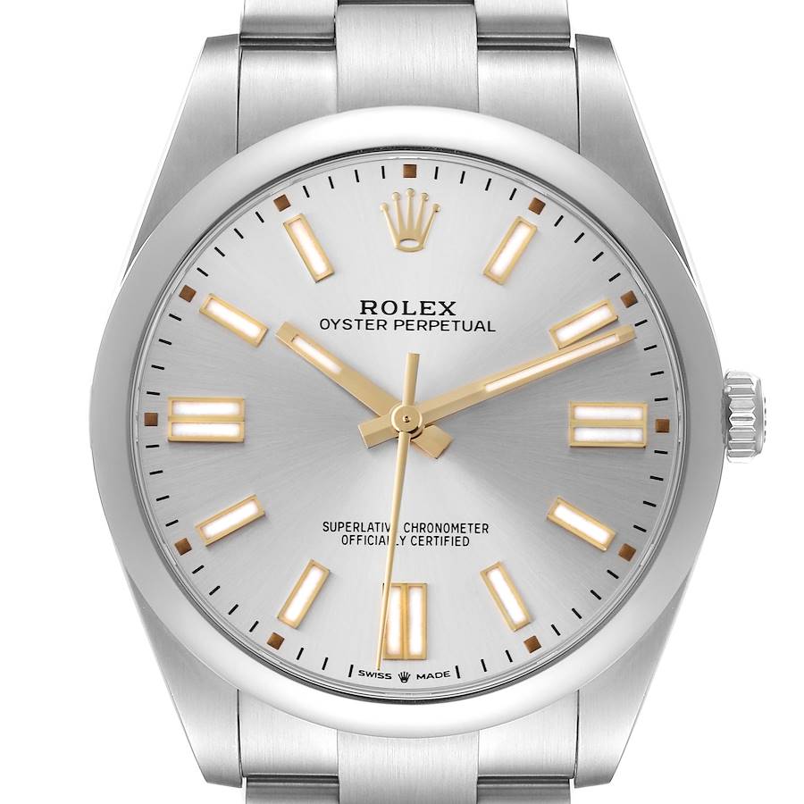 The Rolex Oyster Perpetual watch is shown from a front angle, displaying the dial, markers, hands, and part of the bracelet.