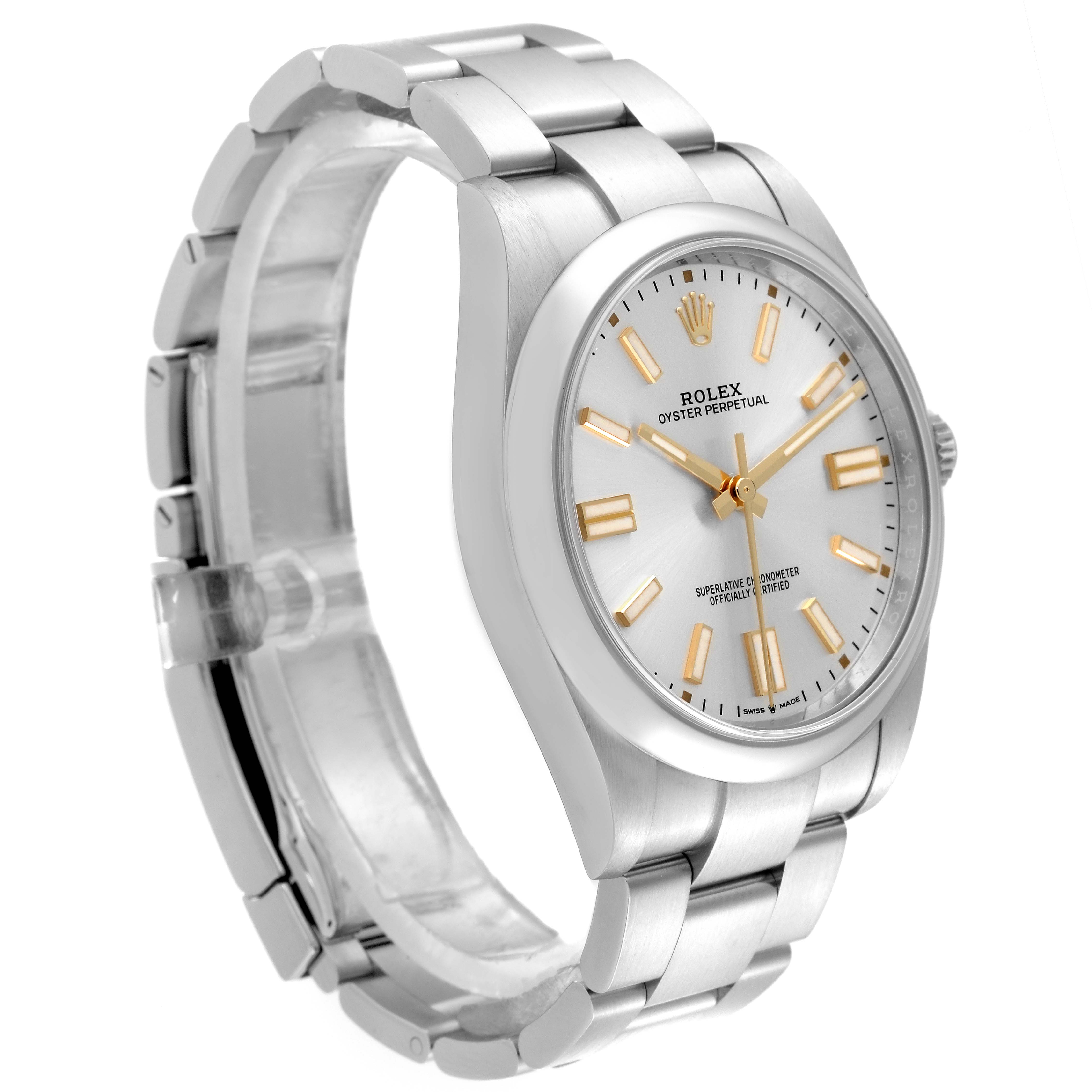 The Rolex Oyster Perpetual 124300 Men's Stainless Steel Silver Dial 124300 Men's Stainless Steel Silver Dial watch is shown at a slight angle featuring the face, bezel, and bracelet.
