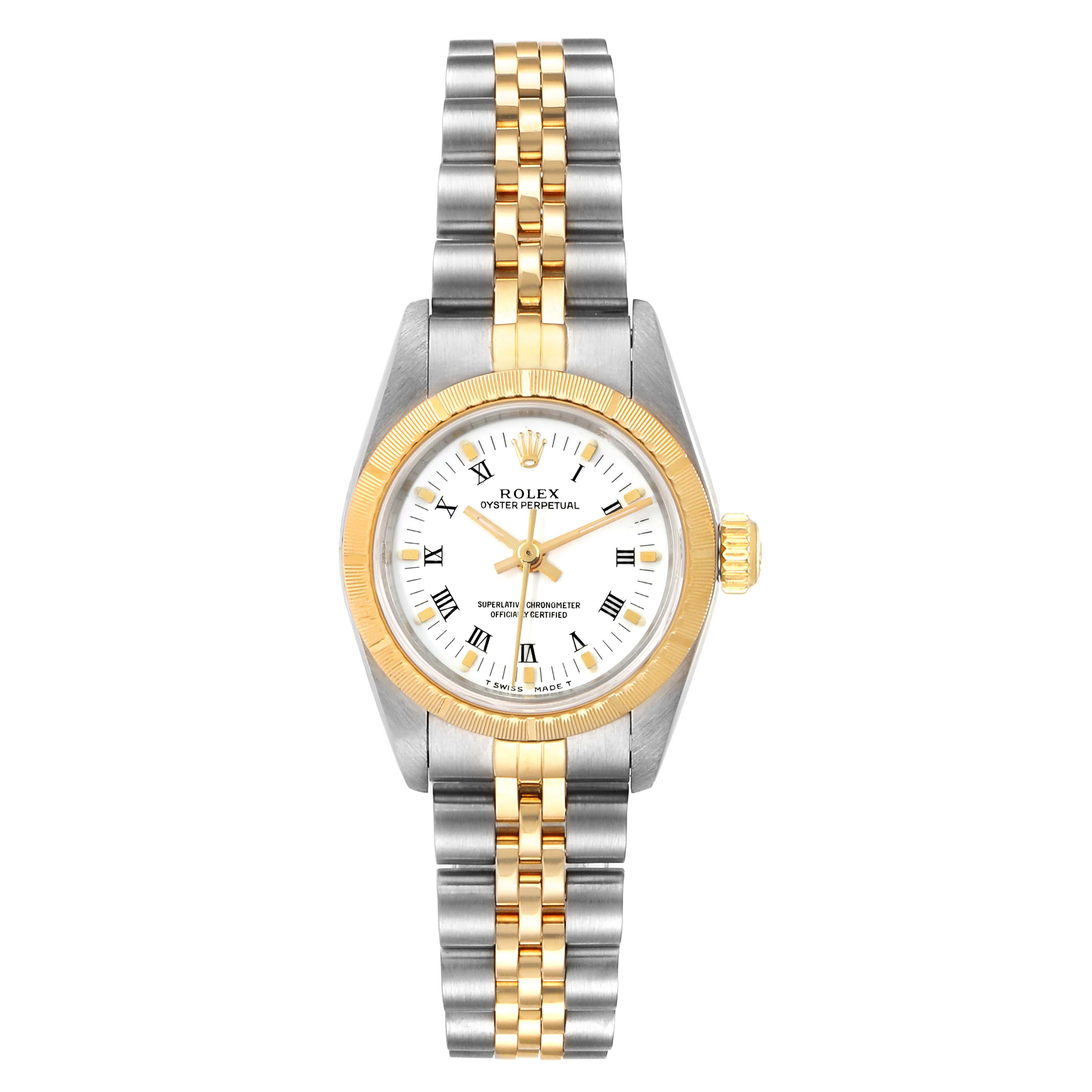 The Rolex Oyster Perpetual 67243 Women's Steel and Gold (two tone) White Dial 67243 Women's Steel and Gold (two tone) White Dial watch is shown from a top-down angle, displaying its face, bezel, and two-tone bracelet.