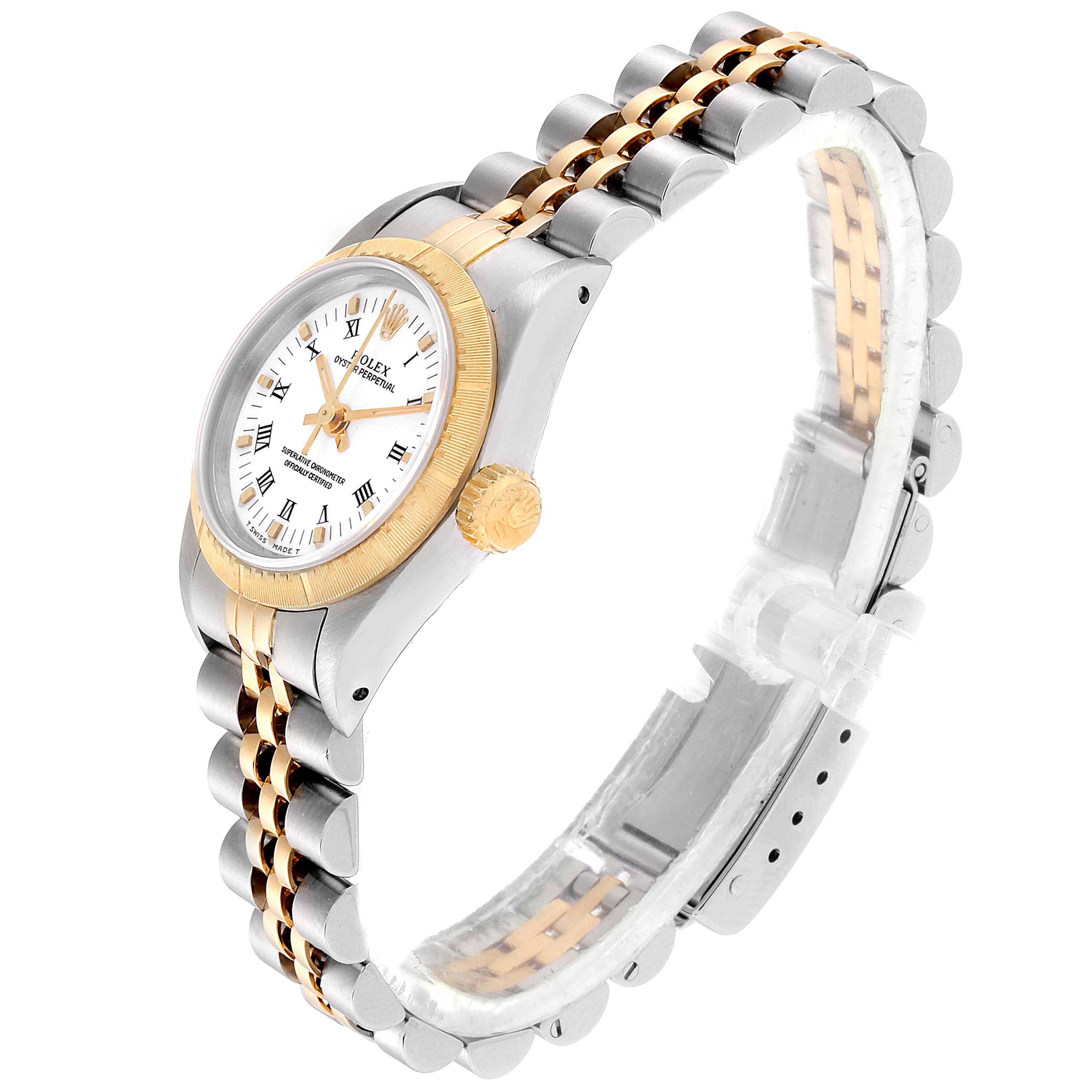 The image shows a side and slightly angled top view of a Rolex Oyster Perpetual 67243 Women's Steel and Gold (two tone) White Dial 67243 Women's Steel and Gold (two tone) White Dial watch, highlighting its bracelet and crown.