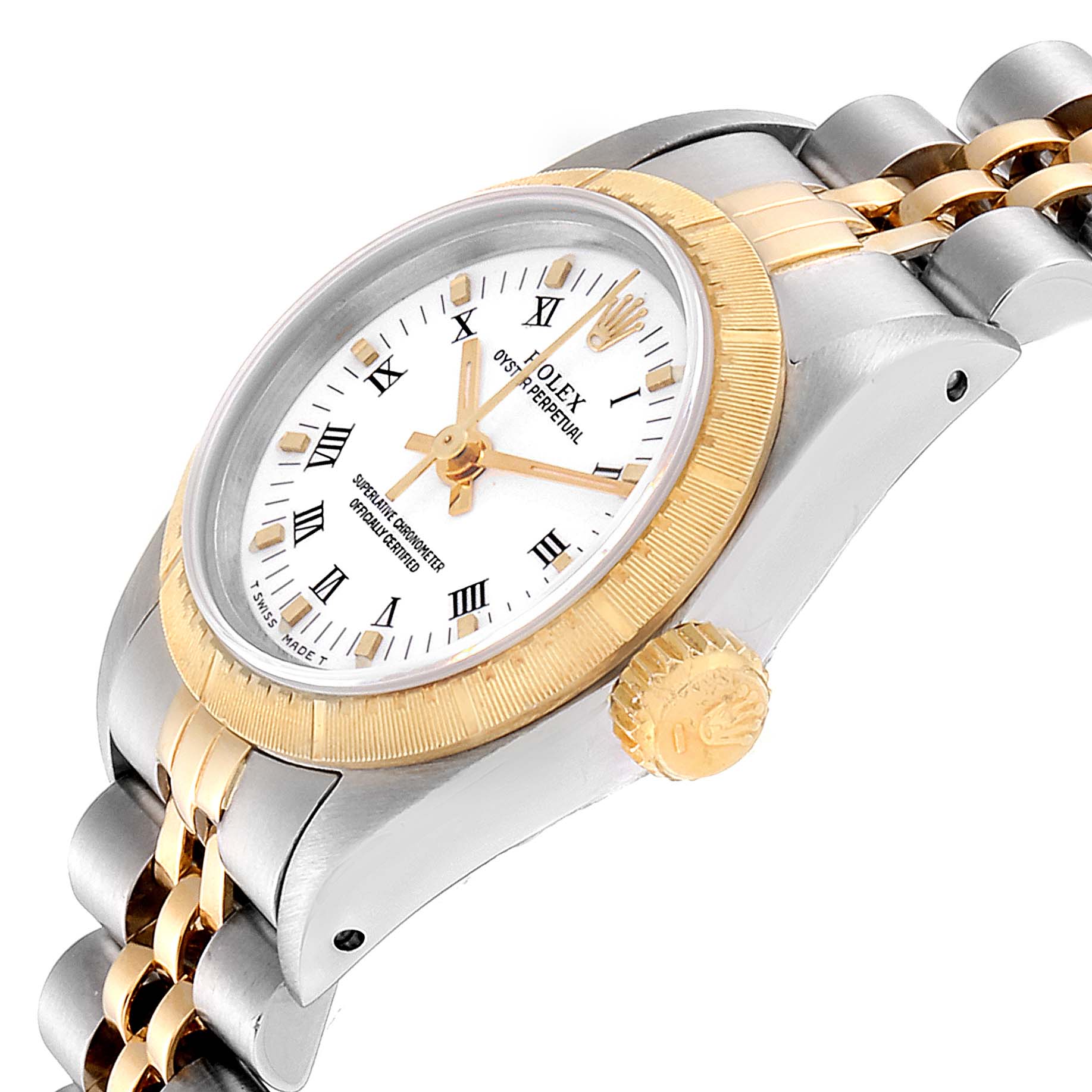 This image shows a close-up side angle of the Rolex Oyster Perpetual 67243 Women's Steel and Gold (two tone) White Dial 67243 Women's Steel and Gold (two tone) White Dial watch, highlighting the face, bezel, crown, and part of the bracelet.