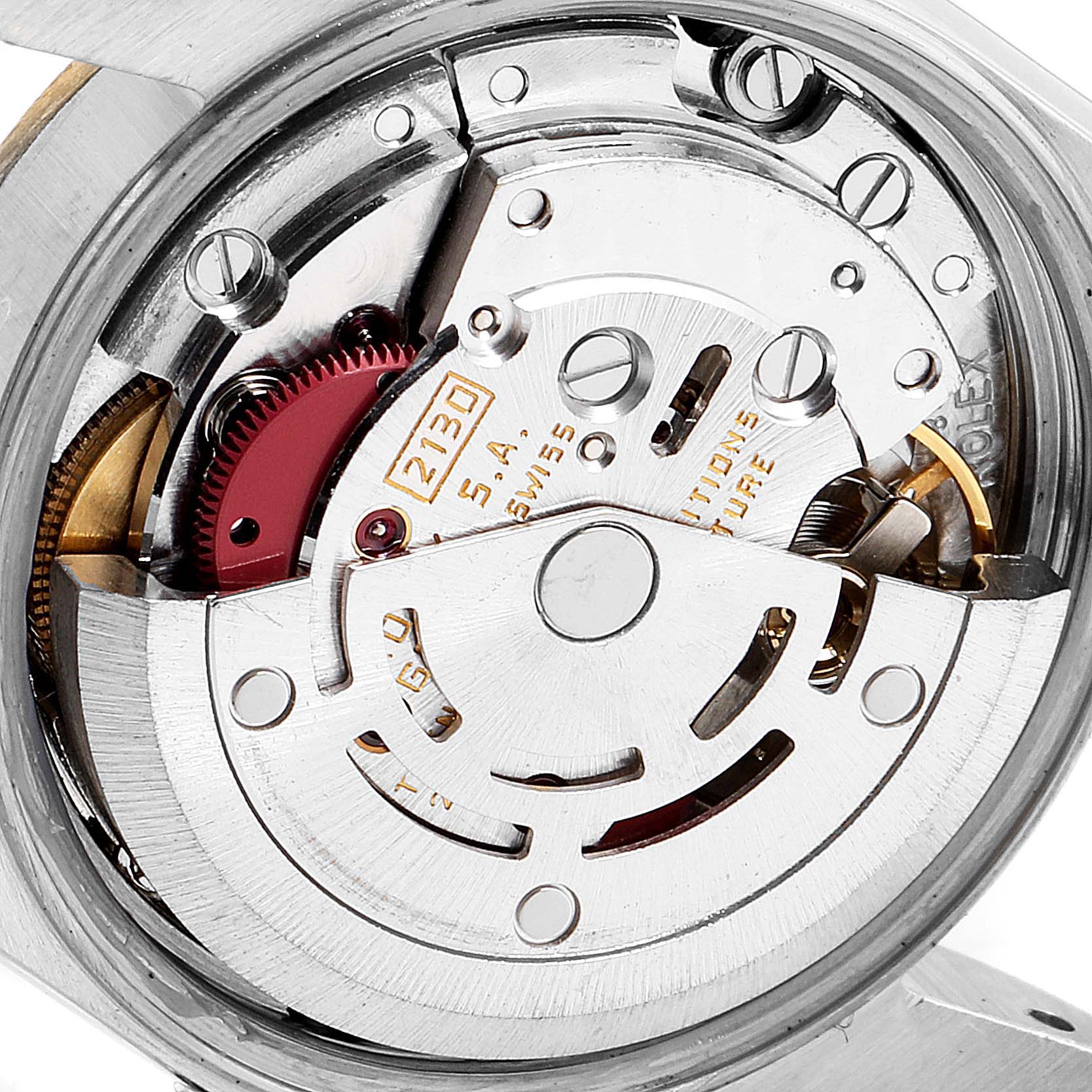 This is an internal view of the Rolex Oyster Perpetual 67243 Women's Steel and Gold (two tone) White Dial 67243 Women's Steel and Gold (two tone) White Dial watch, showing its intricate movement mechanism from the back.