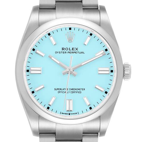 Photo of Rolex Oyster Perpetual Steel Turquoise Blue Dial Mens Watch 126000 Box Card