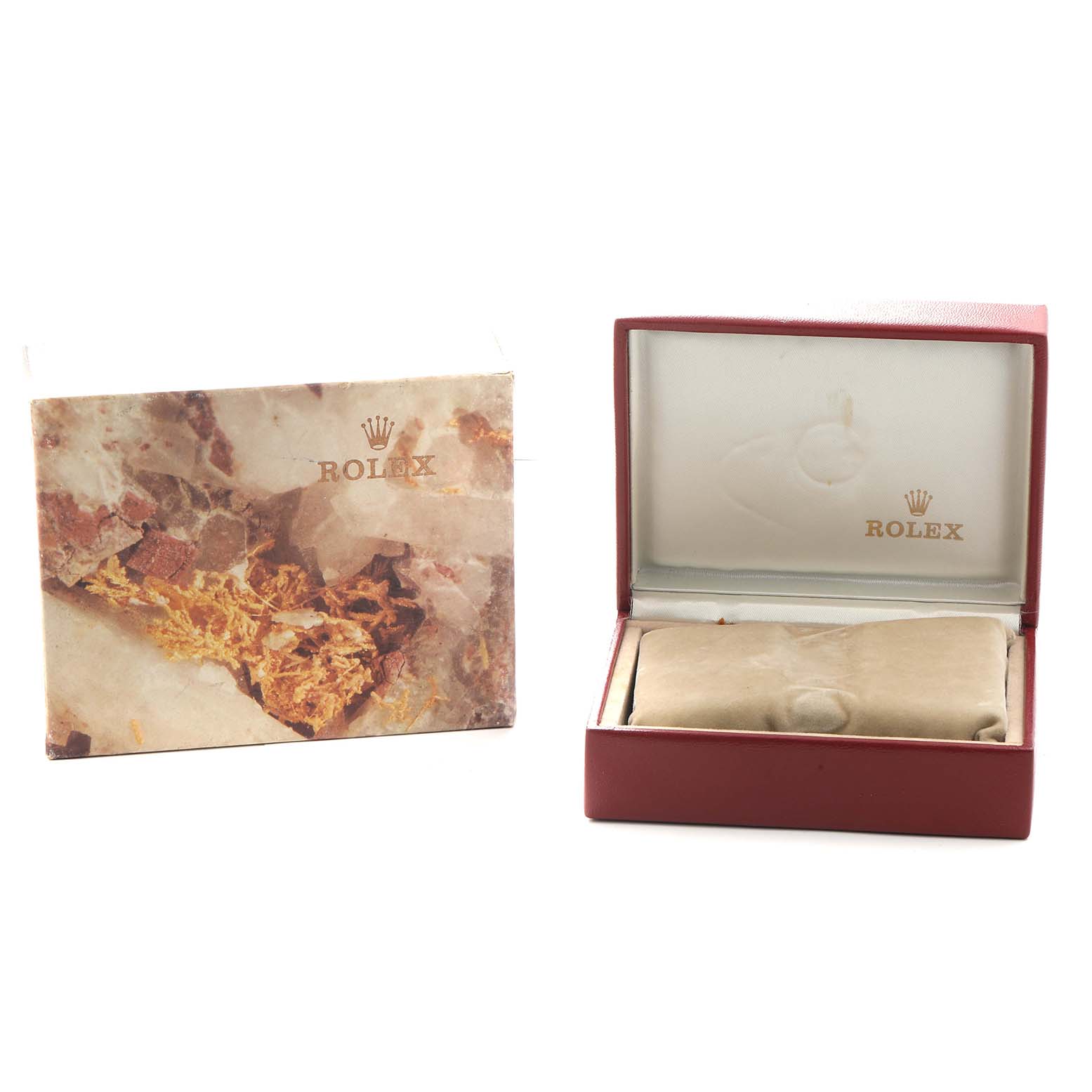 This image shows a Rolex President 69178 Men
s Yellow Gold Champagne Dial model box and its outer packaging, both featuring the Rolex logo.