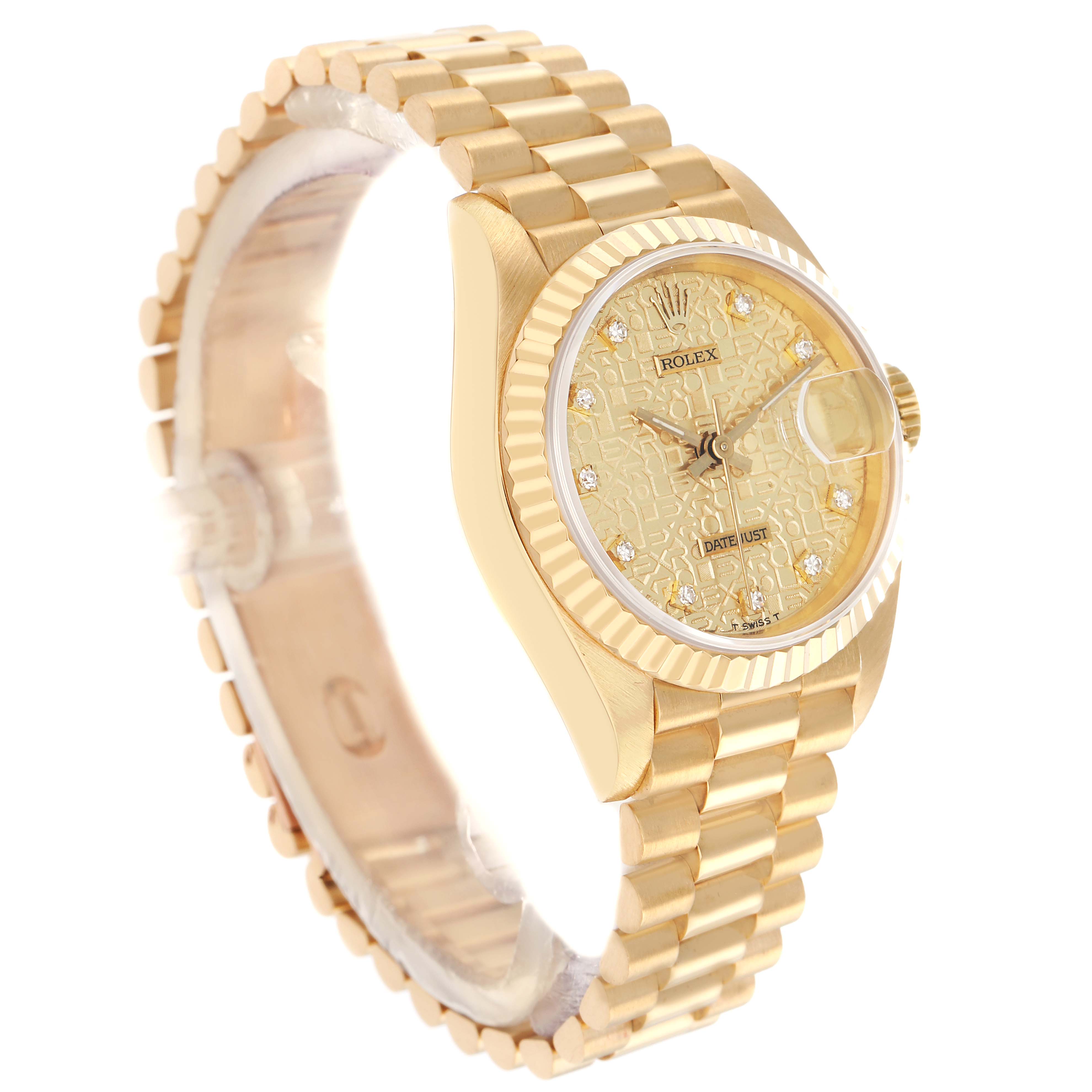 The Rolex President 69178 Men
s Yellow Gold Champagne Dial watch is shown at a slight side angle, highlighting the bracelet, case, bezel, and intricate dial.