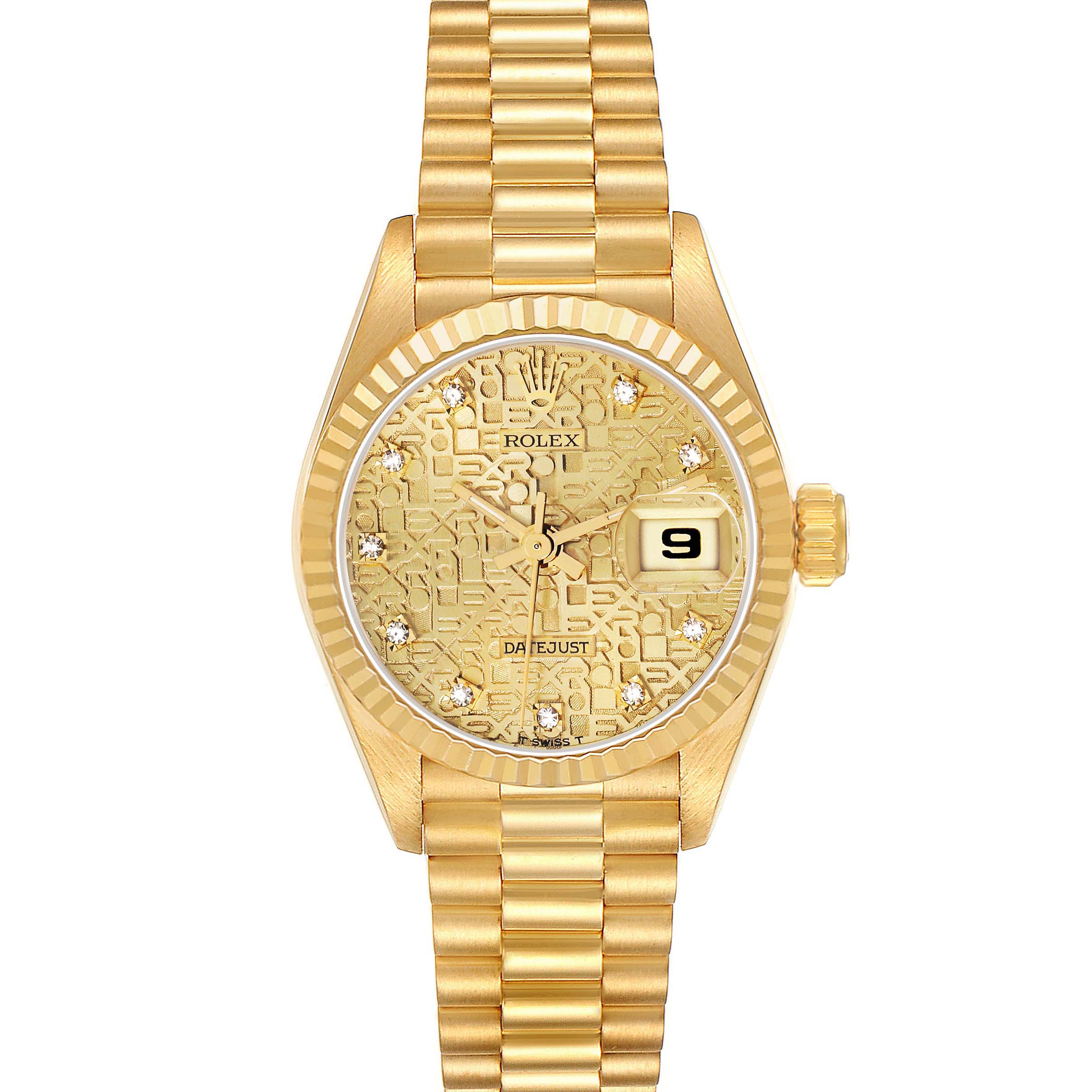 The Rolex President 69178 Men
s Yellow Gold Champagne Dial watch is shown from a top-down angle, highlighting its face, bracelet, and crown.