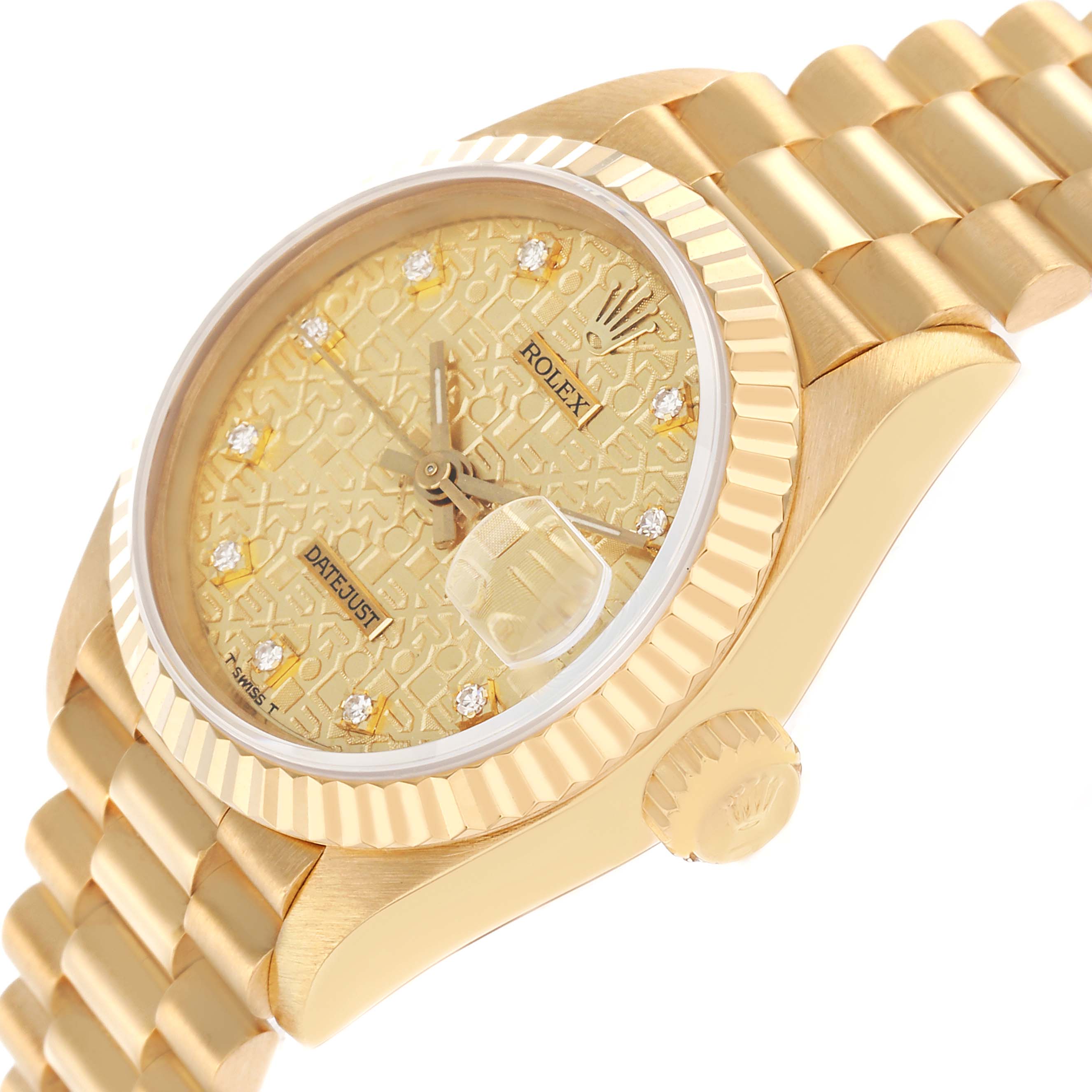 The Rolex President 69178 Men
s Yellow Gold Champagne Dial model is shown at an angled side view, highlighting the gold case, bracelet, bezel, dial, and cyclops lens over the date.