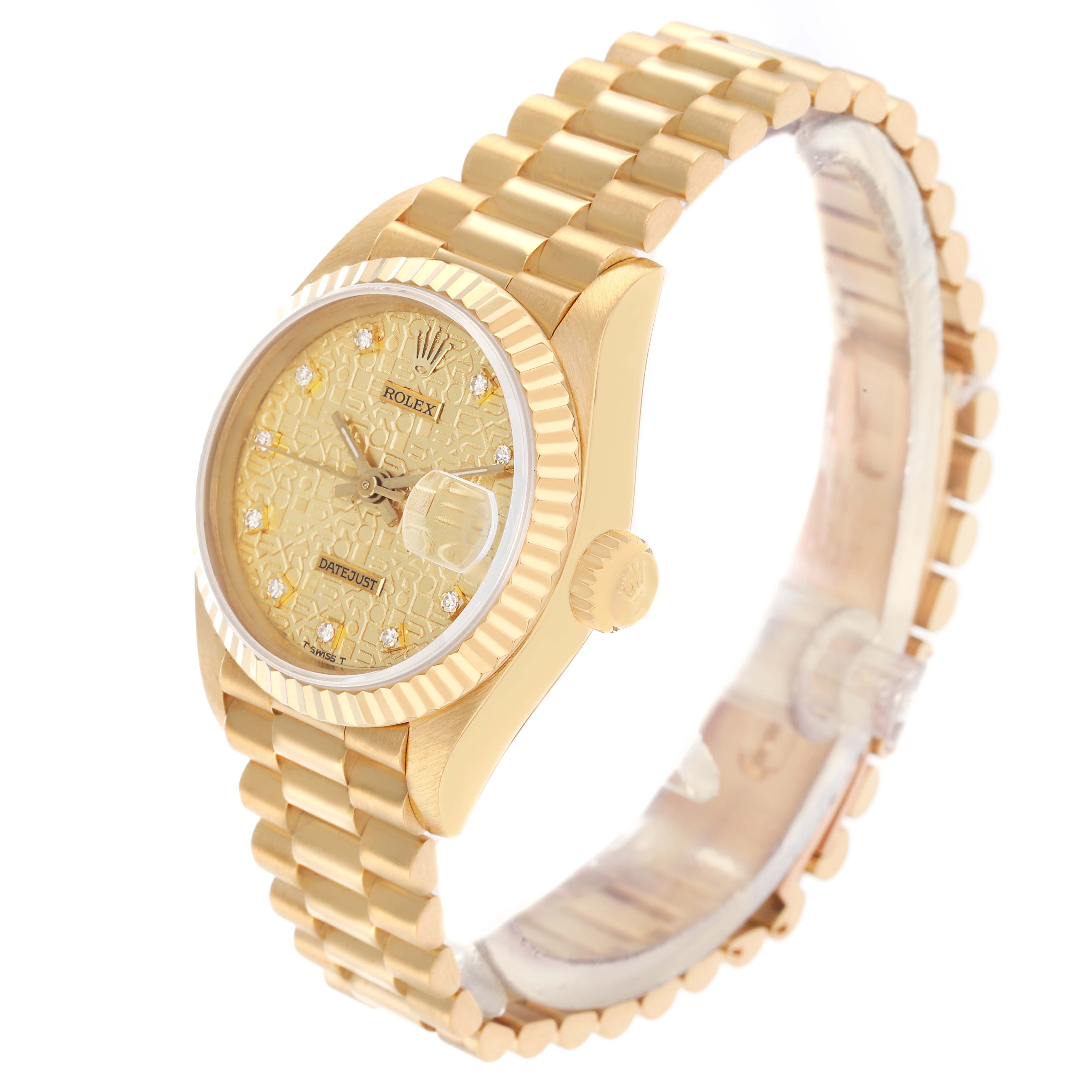 The Rolex President 69178 Men
s Yellow Gold Champagne Dial model is shown at a three-quarter angle, displaying the bracelet, dial, crown, and bezel.