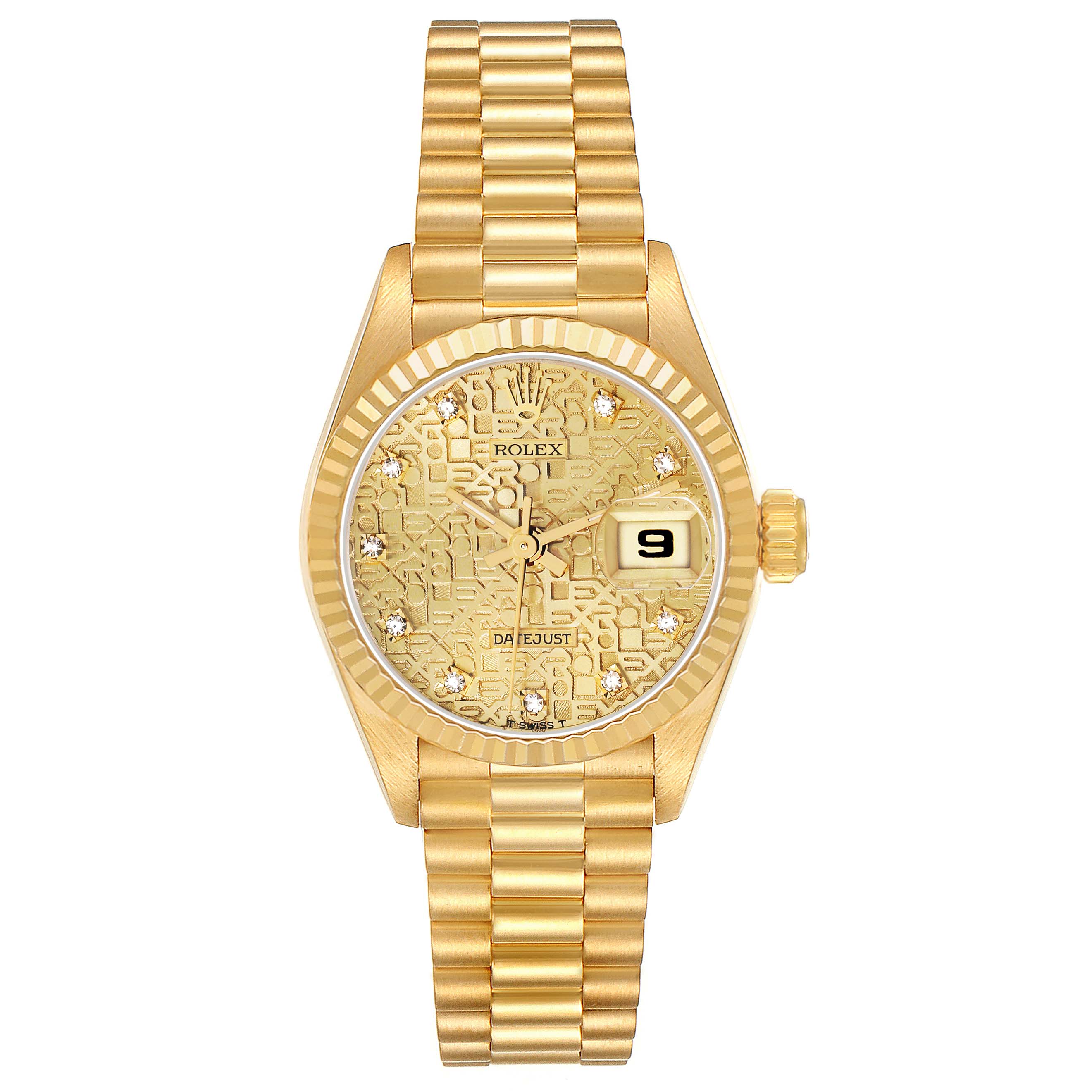 The Rolex President 69178 Men
s Yellow Gold Champagne Dial model is shown from the top, displaying the dial, bezel, crown, and bracelet.