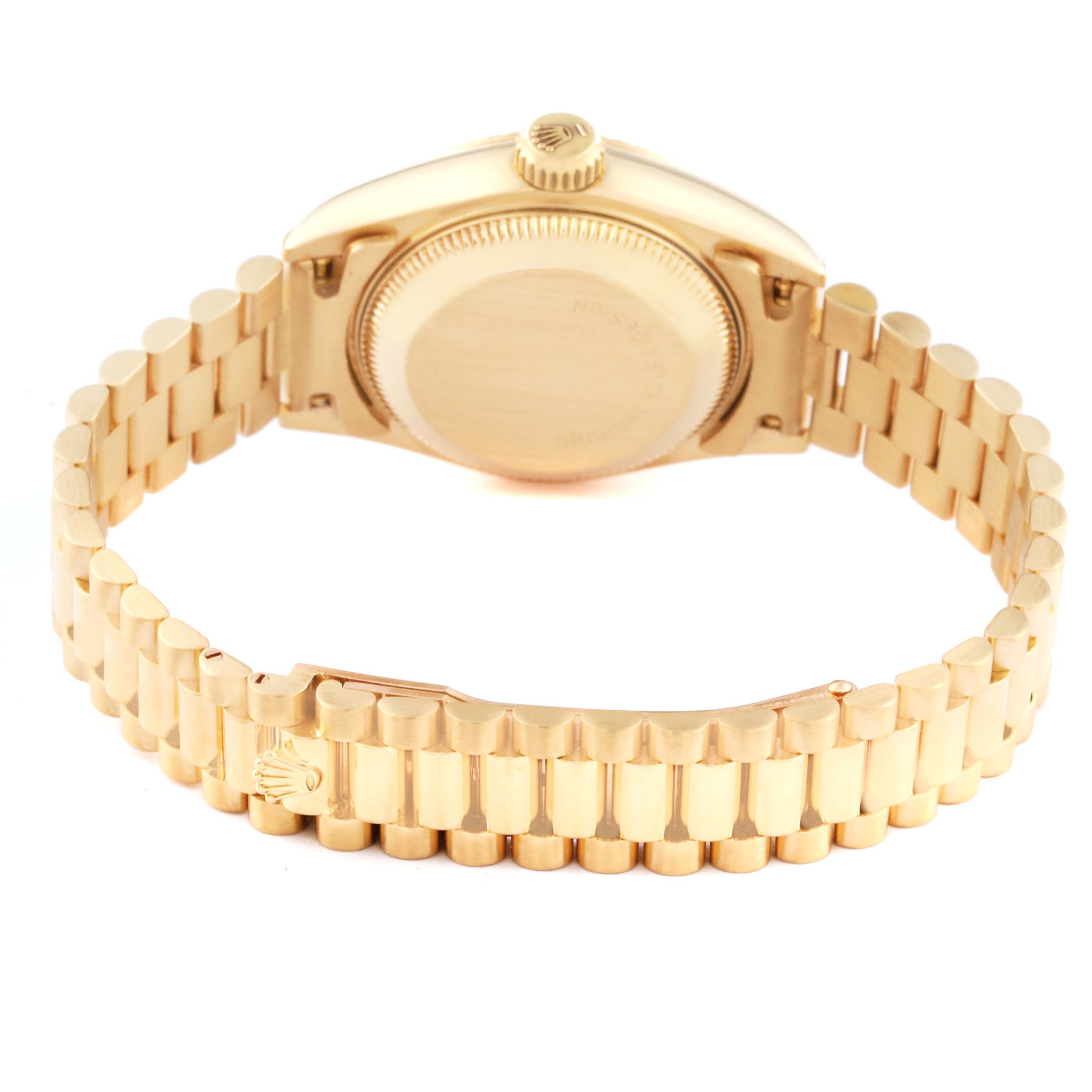 The image shows the back case and bracelet of the Rolex President 69178 Women's Yellow Gold Champagne Dial 69178 Women's Yellow Gold Champagne Dial model watch, focusing on its clasp and links.