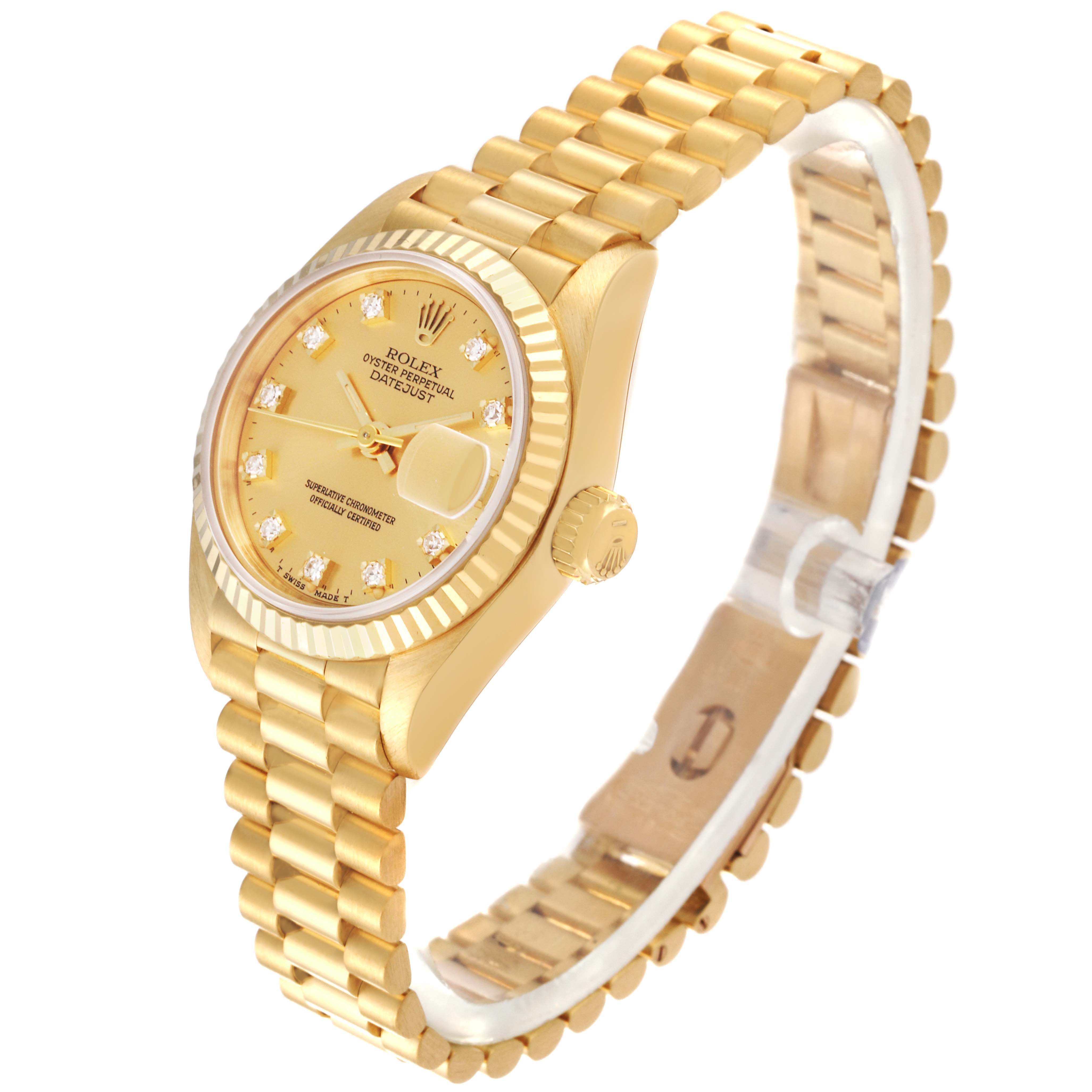 The image shows a Rolex President 69178 Women's Yellow Gold Champagne Dial 69178 Women's Yellow Gold Champagne Dial model watch from a left-side angle, featuring the bracelet, case, dial, crown, and fluted bezel.