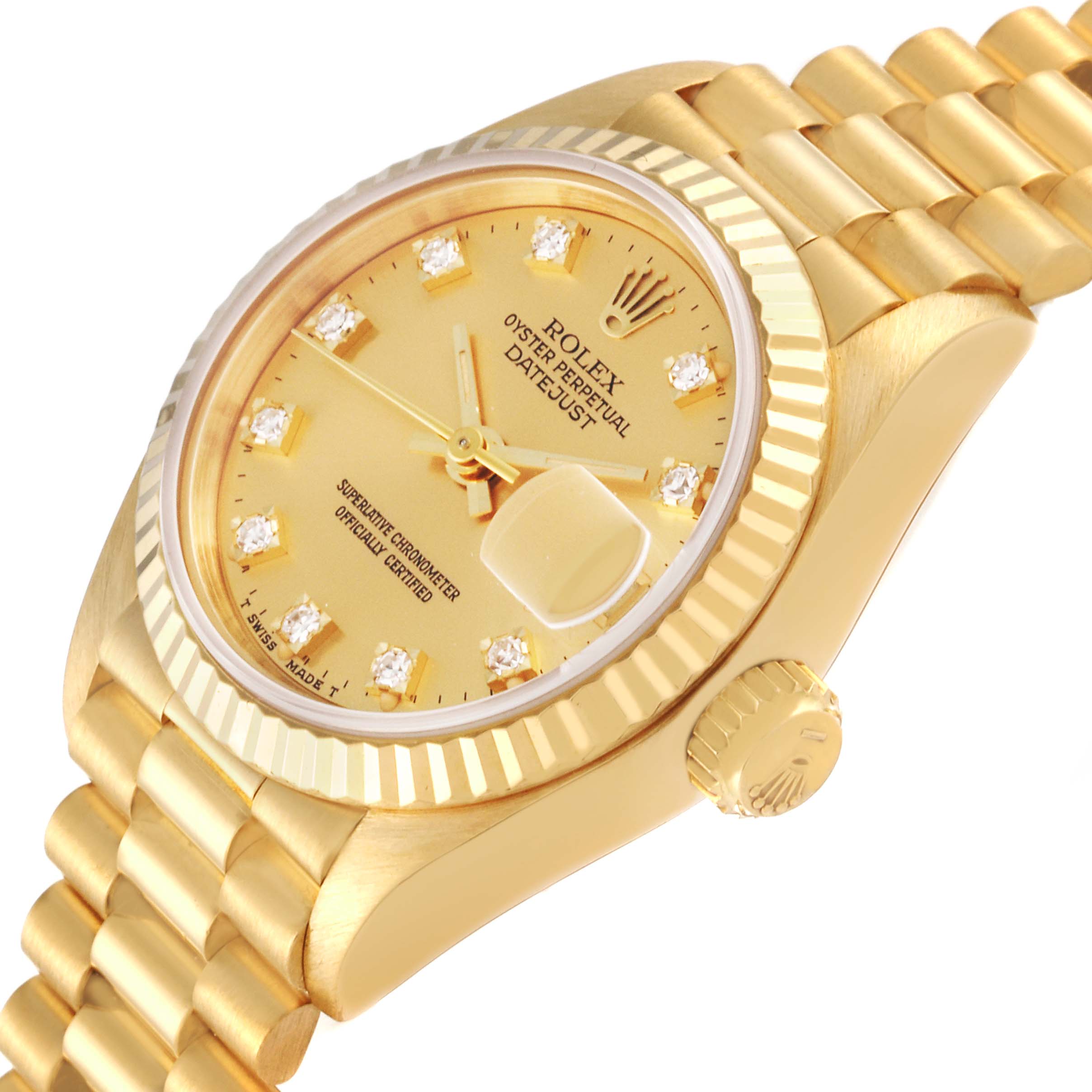 The image shows a gold Rolex President 69178 Women's Yellow Gold Champagne Dial 69178 Women's Yellow Gold Champagne Dial watch at an angled view, highlighting its bracelet, fluted bezel, crown, and diamond-studded dial.