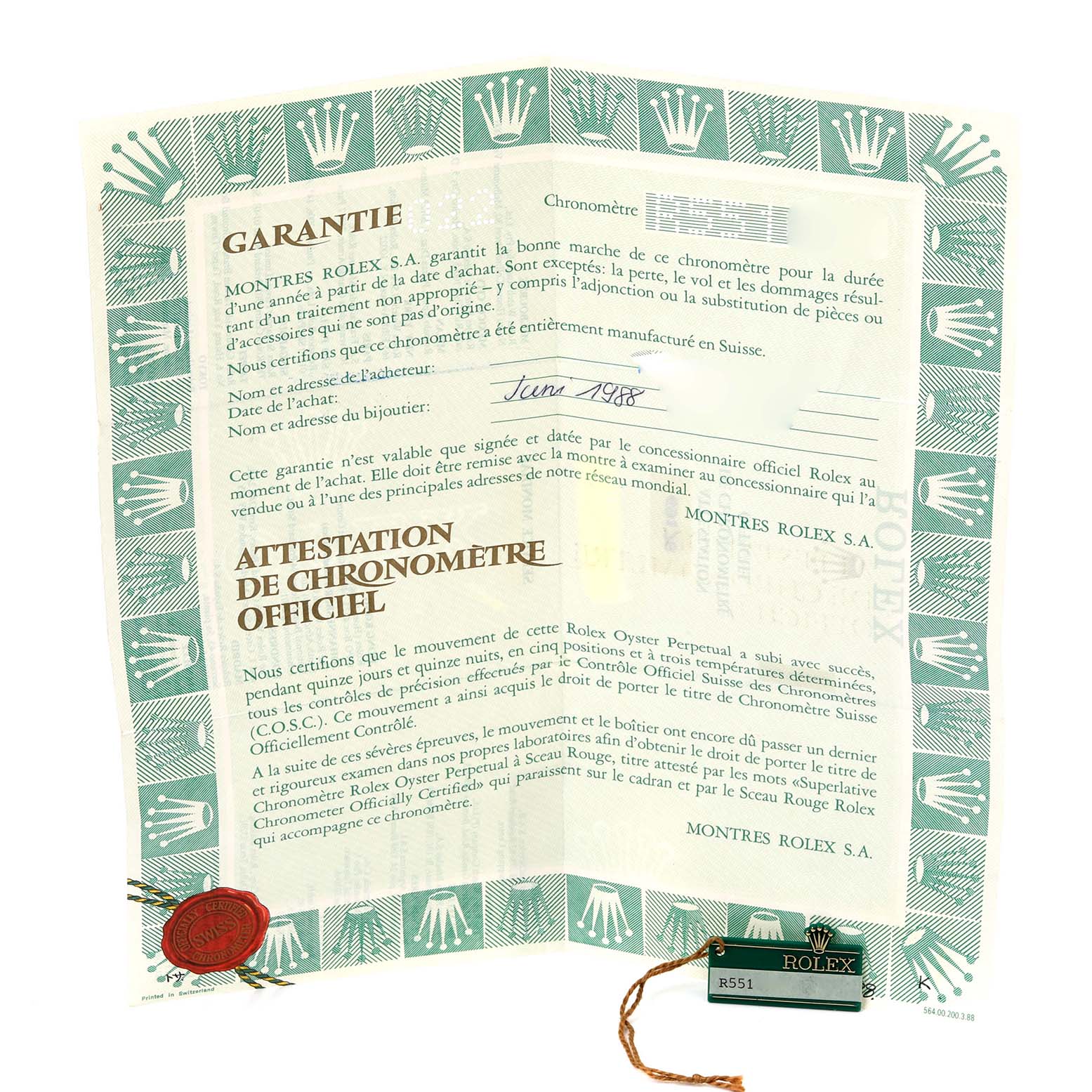 The image shows the warranty paper and tag for a Rolex President 69178 Women's Yellow Gold Champagne Dial 69178 Women's Yellow Gold Champagne Dial model, laid flat.